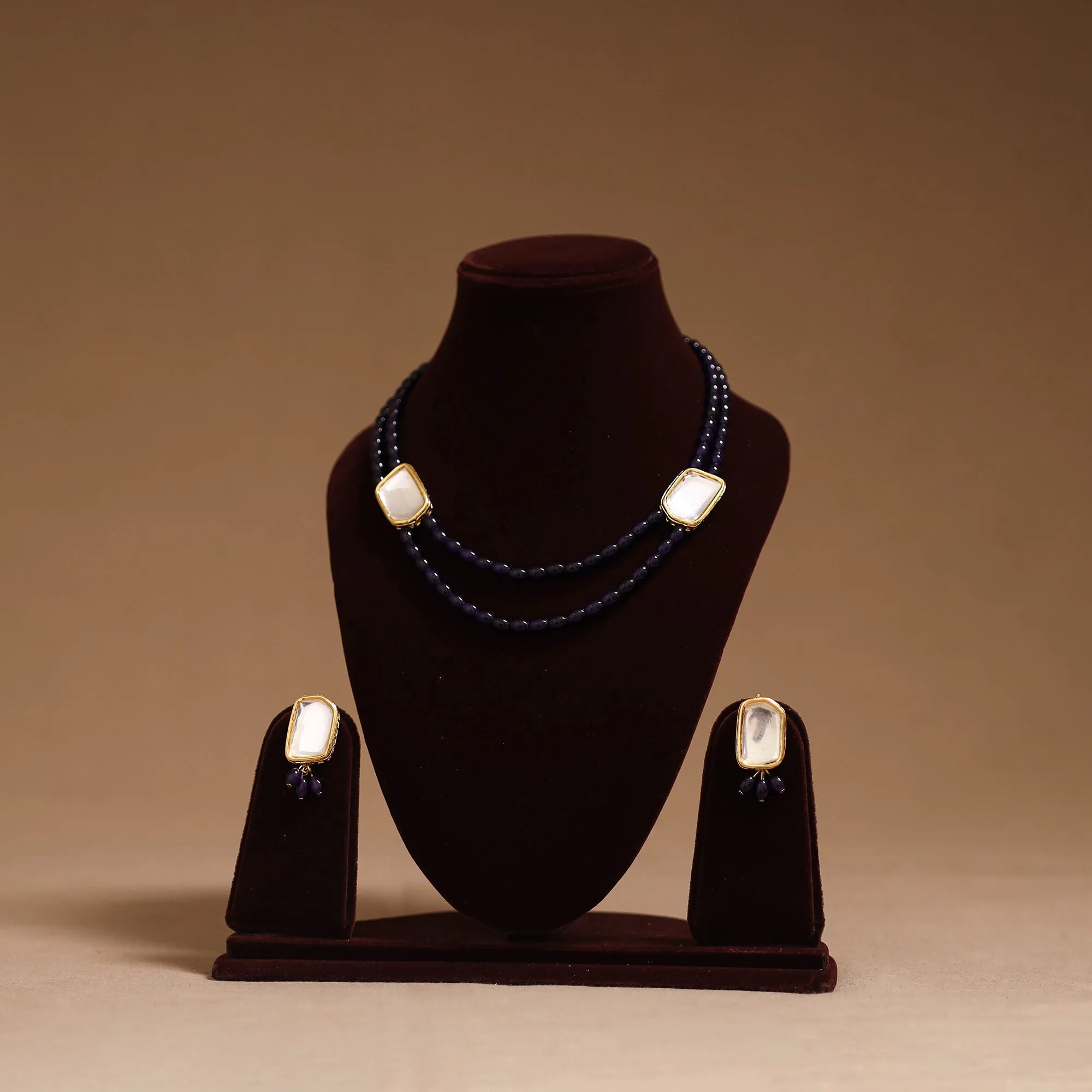 Black - Glass Beads Kundan Work Necklace Set 56 sold by Itokri