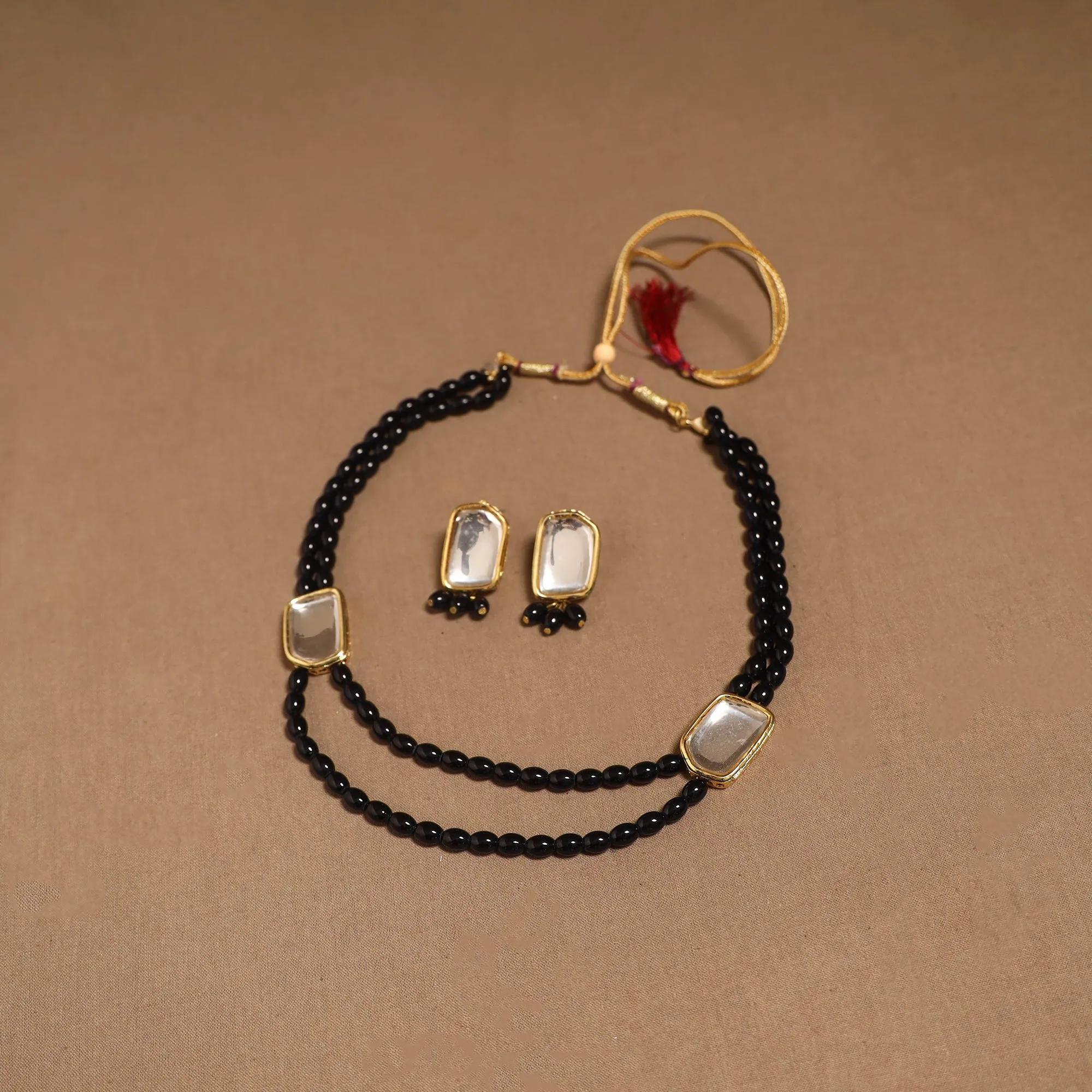 Black - Glass Beads Kundan Work Necklace Set 65 sold by Itokri product image thumbnail 2