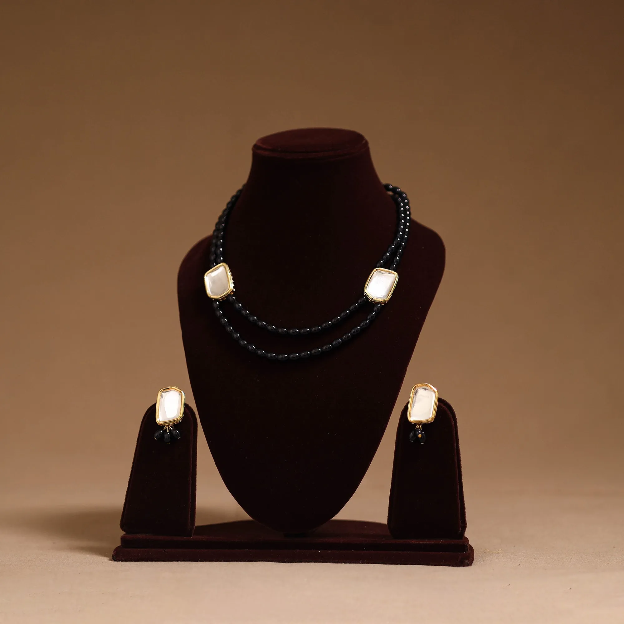 Black - Glass Beads Kundan Work Necklace Set 65 sold by Itokri