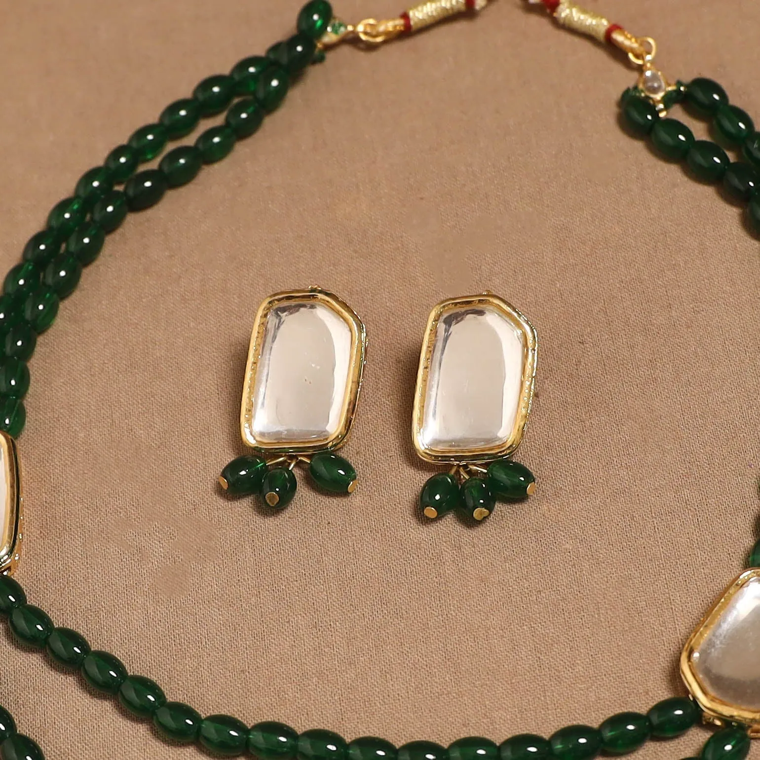 Green - Glass Beads Kundan Work Necklace Set 62 sold by Itokri product image thumbnail 3
