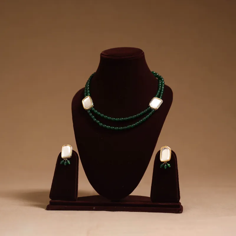 Green - Glass Beads Kundan Work Necklace Set 62 made by Itokri