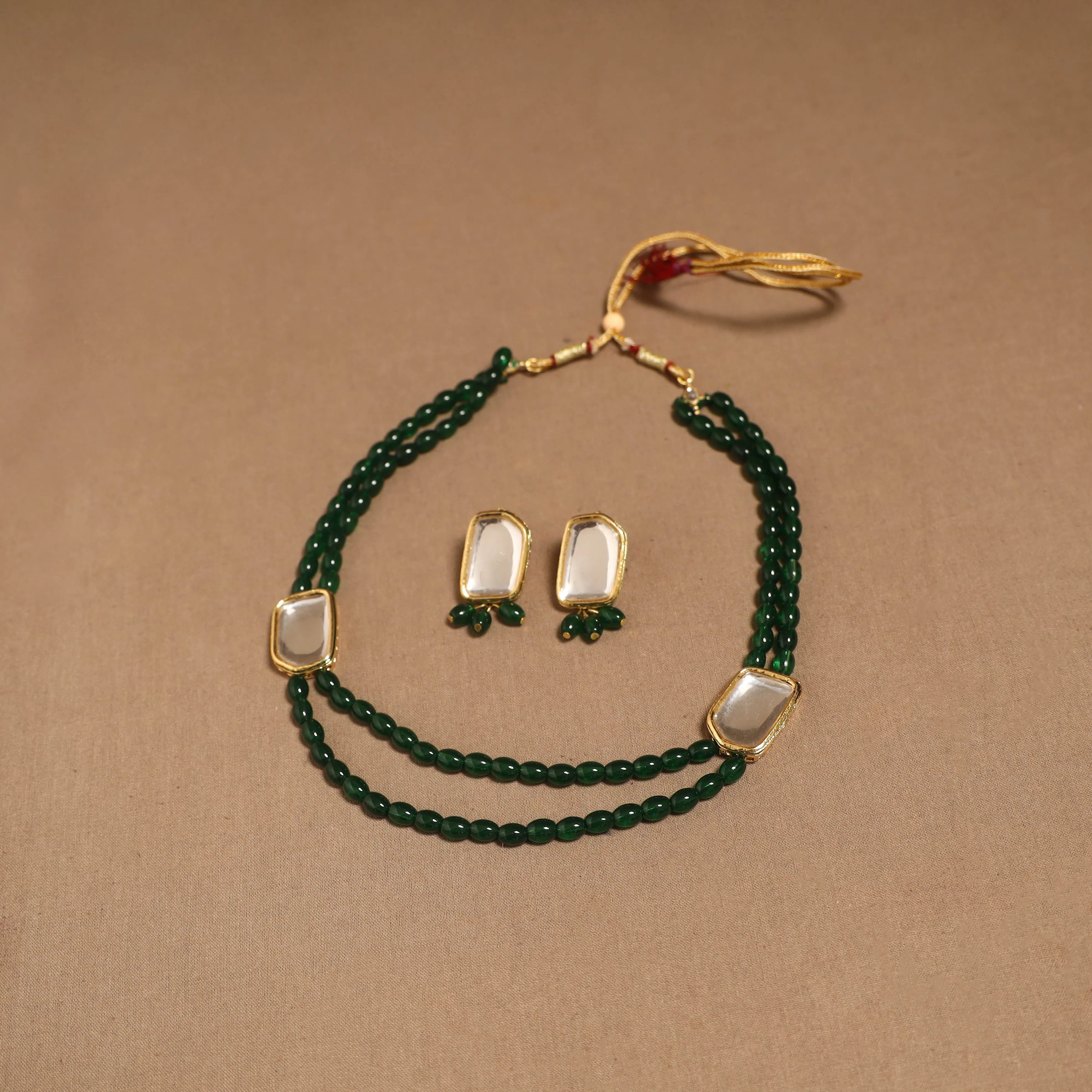 Green - Glass Beads Kundan Work Necklace Set 62 sold by Itokri product image thumbnail 2