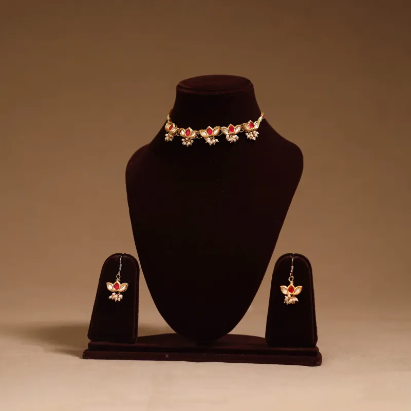 Red - Kundan Work Choker Necklace Set 46 made by Itokri