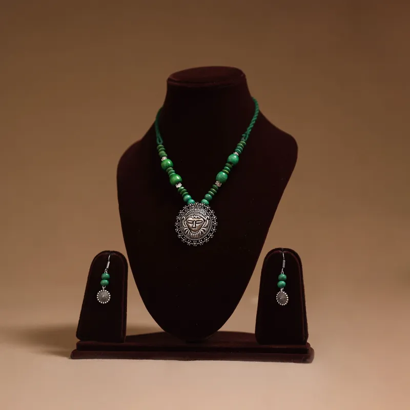 Green - German Silver Wooden Beads Necklace Set 17 made by Itokri