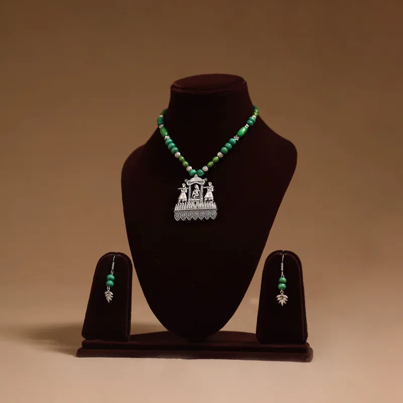 Green - German Silver Wooden Beads Necklace Set 12 made by Itokri