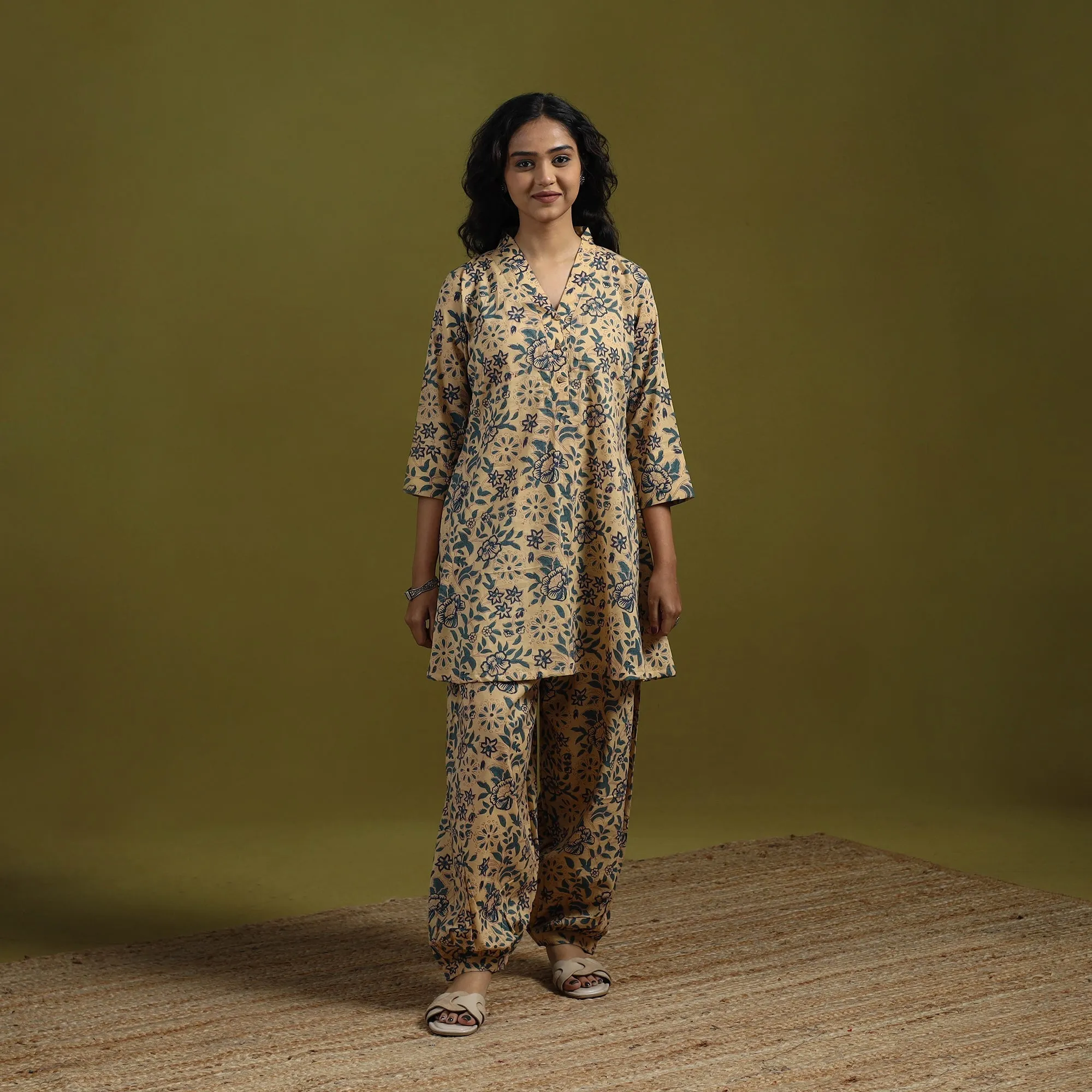 Beige - Floral Block Print Cotton Sanganeri Co-Ord Set 08 sold by Itokri