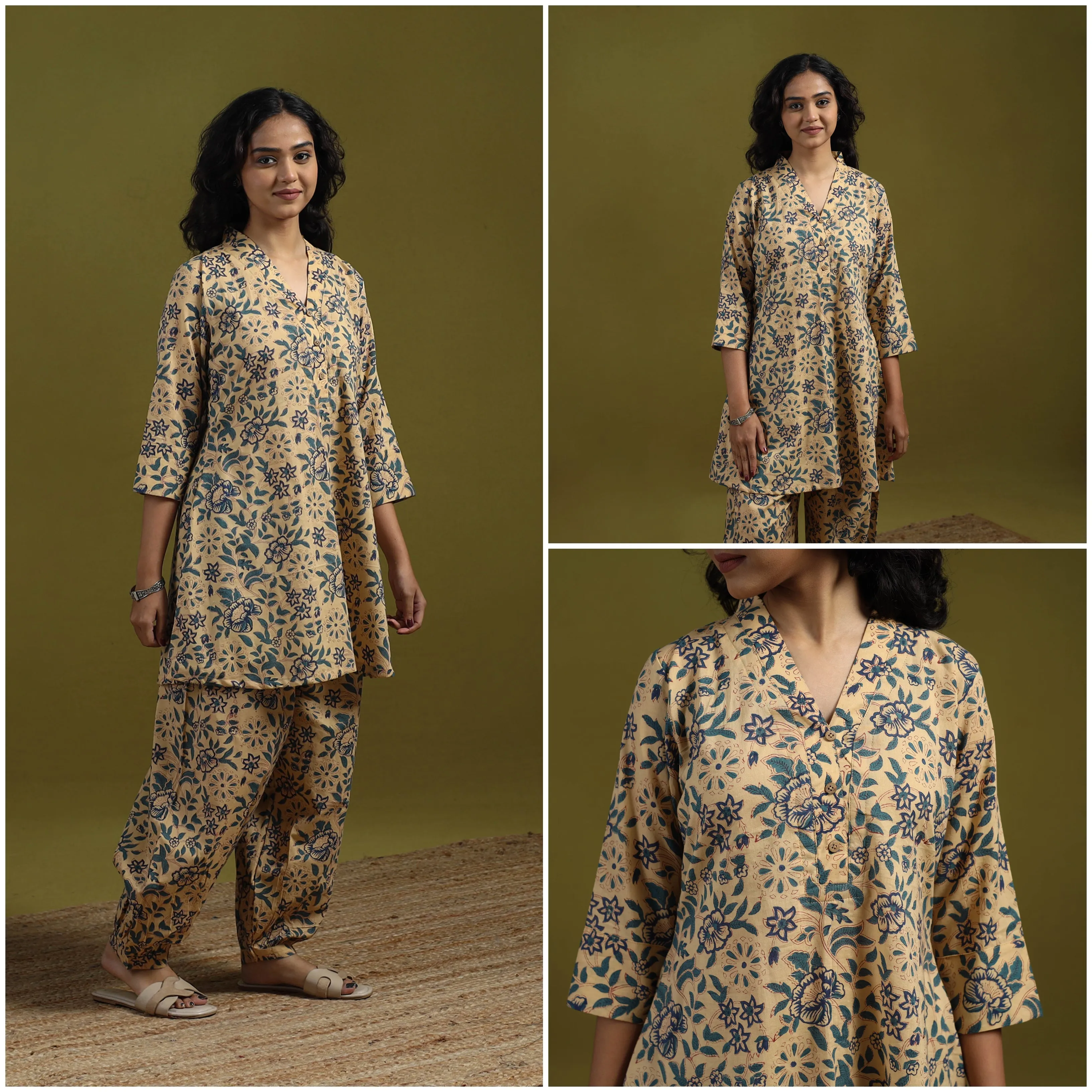 Beige - Floral Block Print Cotton Sanganeri Co-Ord Set 08 sold by Itokri product image thumbnail 3