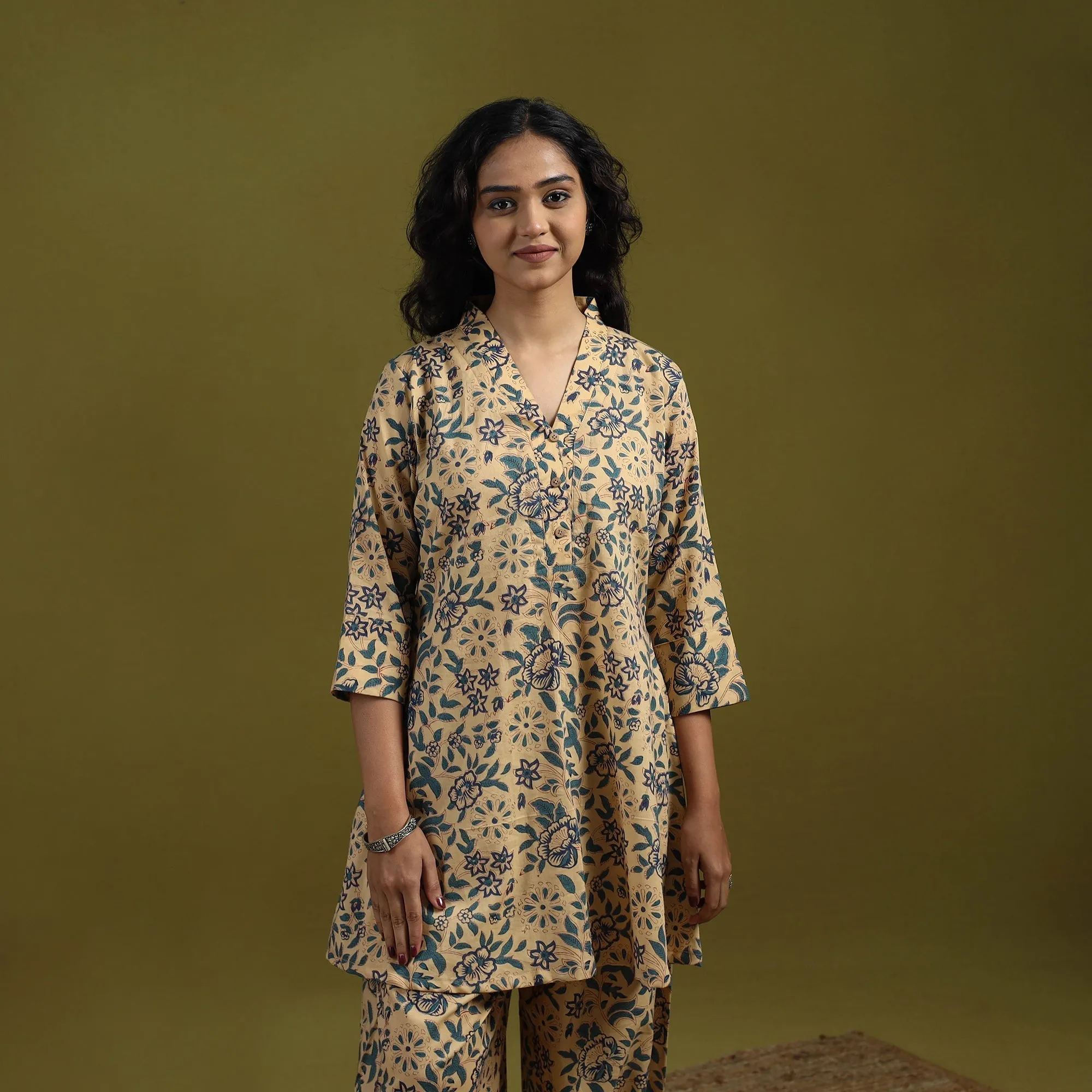 Beige - Floral Block Print Cotton Sanganeri Co-Ord Set 08 sold by Itokri product image thumbnail 2