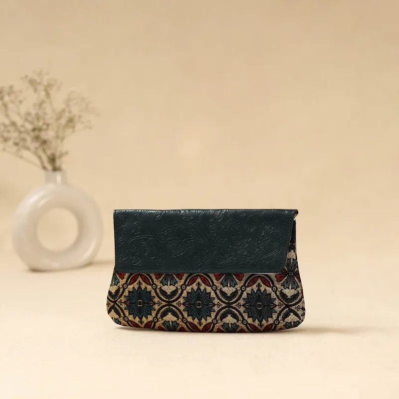 Beige - Hand Print Clutch with Embossed Leather Flap 18 made by Itokri