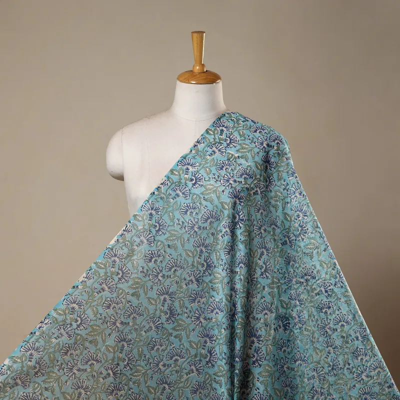 Blue - Handloom Chanderi Silk Hand Block Print Sanganeri Fabric 02 made by Itokri