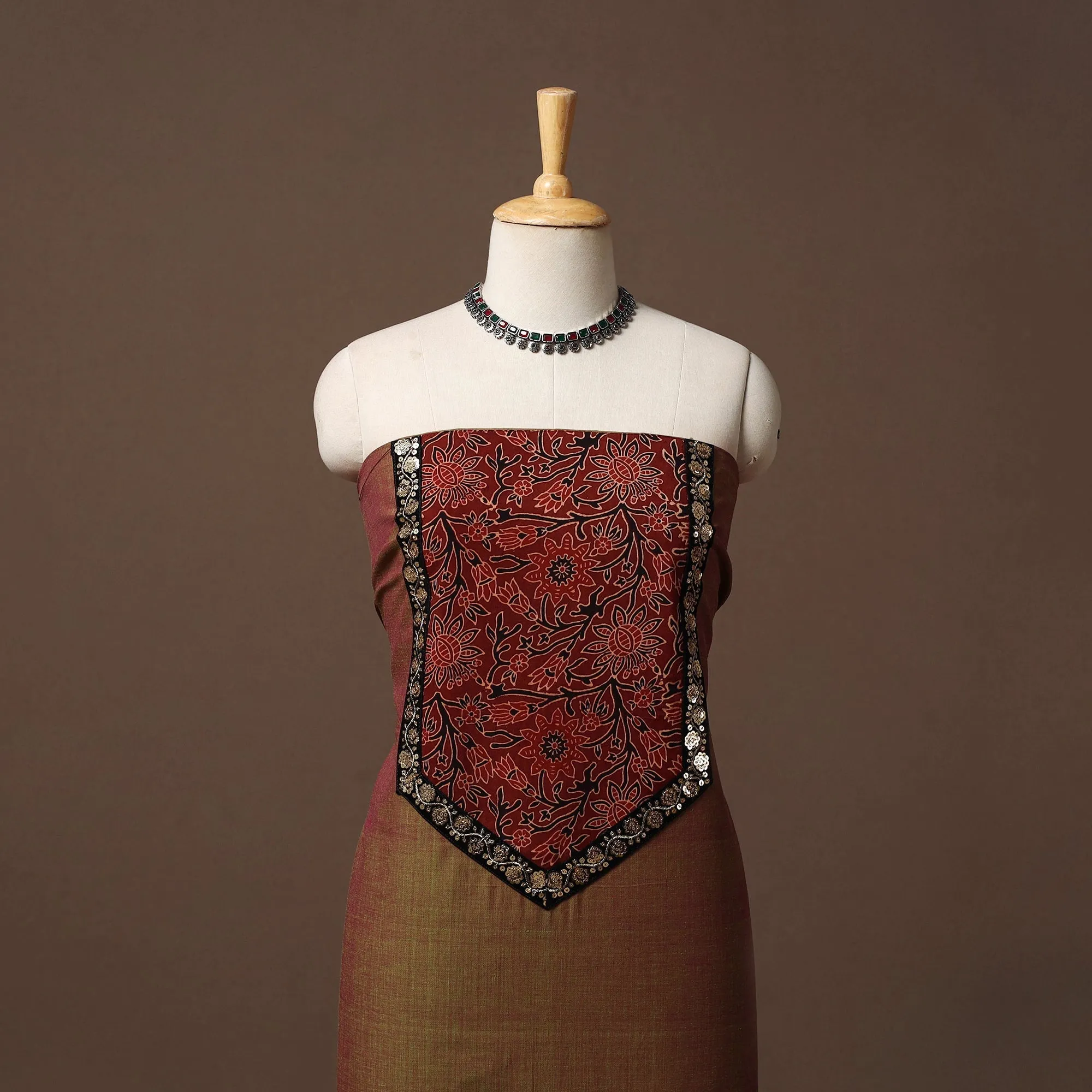 Brown - Handloom Mangalagiri Patchwork Cotton Unstitched Kurta Material (3m) 10 sold by Itokri product image thumbnail 2