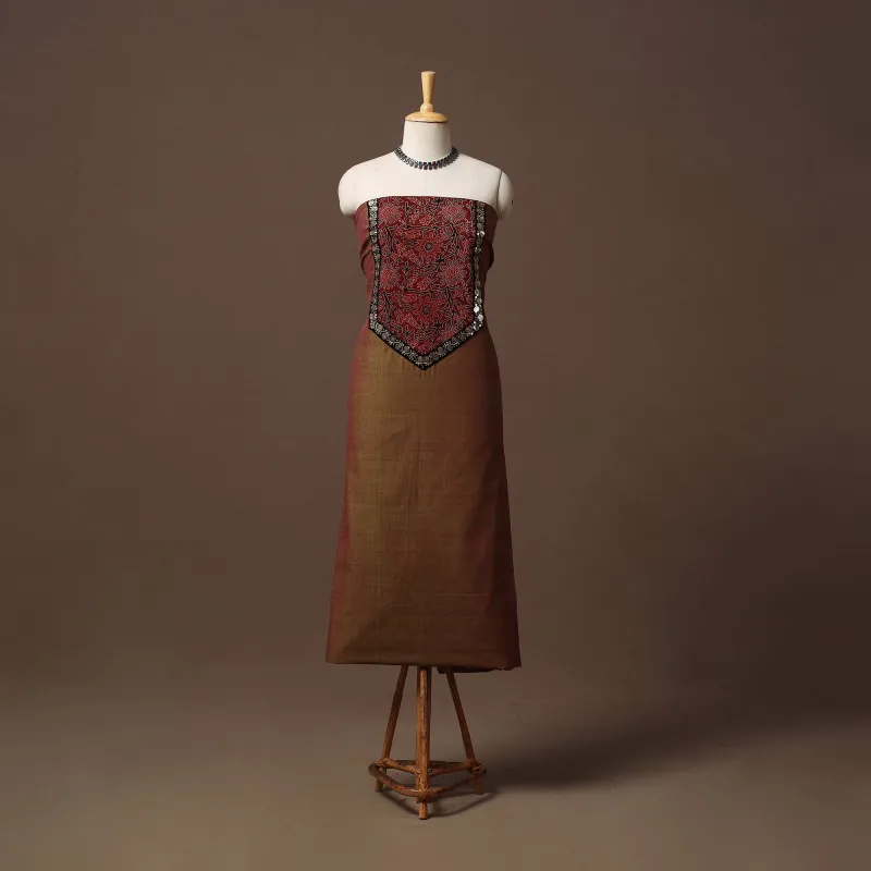 Brown - Handloom Mangalagiri Patchwork Cotton Unstitched Kurta Material (3m) 10 made by Itokri