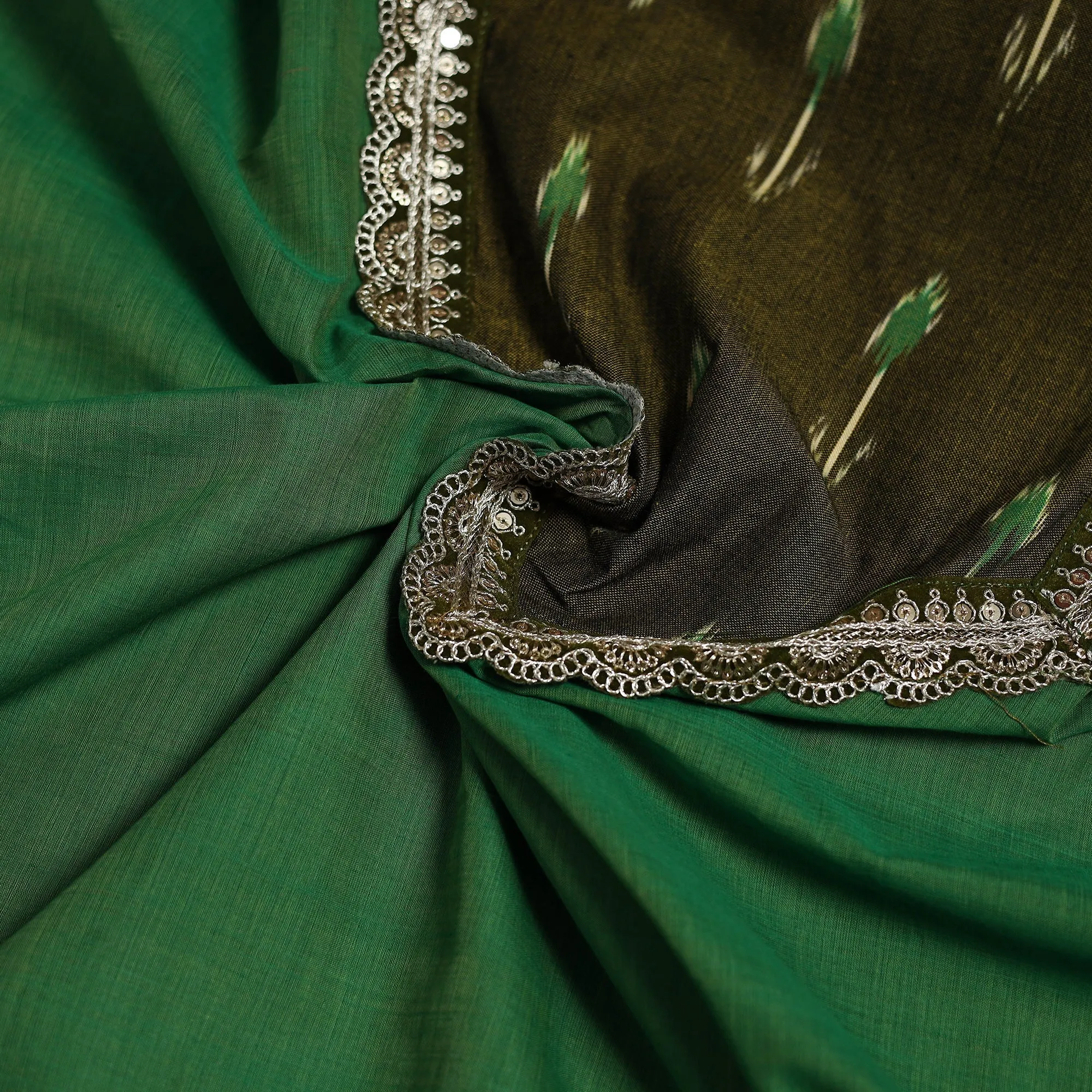 Green - Handloom Mangalagiri Patchwork Cotton Unstitched Kurta Material (3m) 03 sold by Itokri product image thumbnail 3