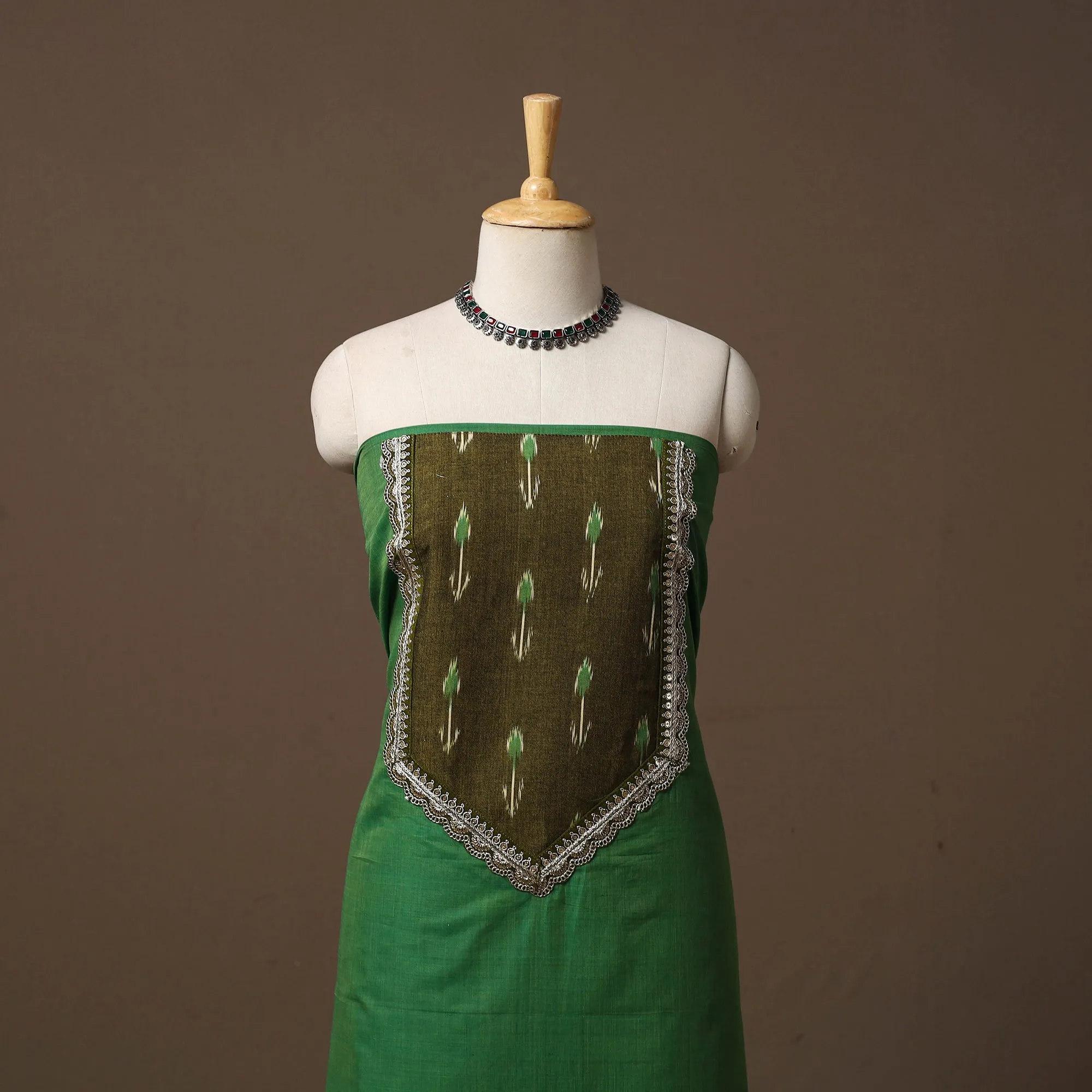 Green - Handloom Mangalagiri Patchwork Cotton Unstitched Kurta Material (3m) 03 sold by Itokri product image thumbnail 2