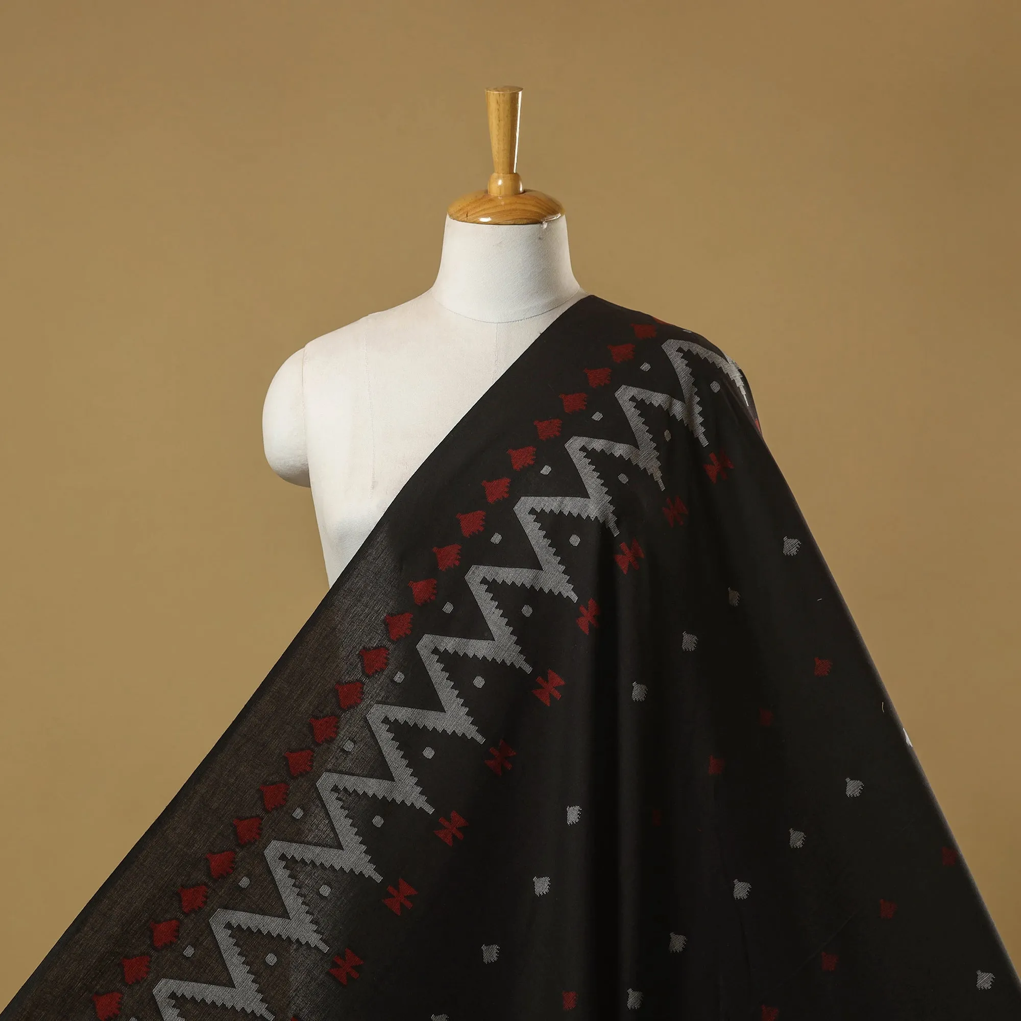 Black - Thread Buti Cotton Fabric with Jamdani Border 07 sold by Itokri
