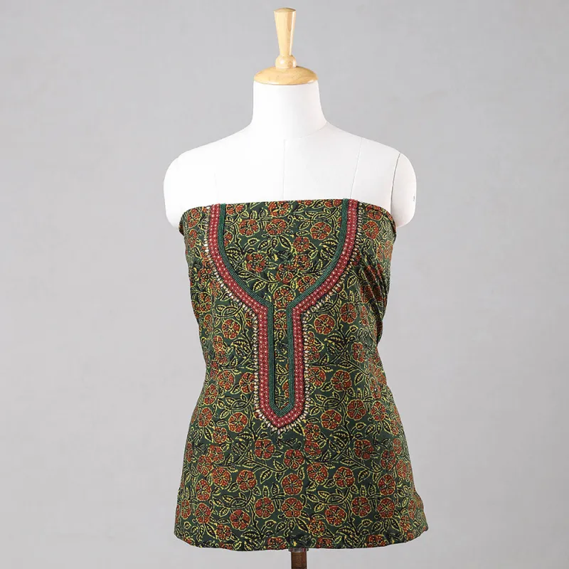 Green - Bead Work Embroidery Ajrakh Block Printed Cotton Unstitched Kurta Material - 2.5 meter sold by Itokri