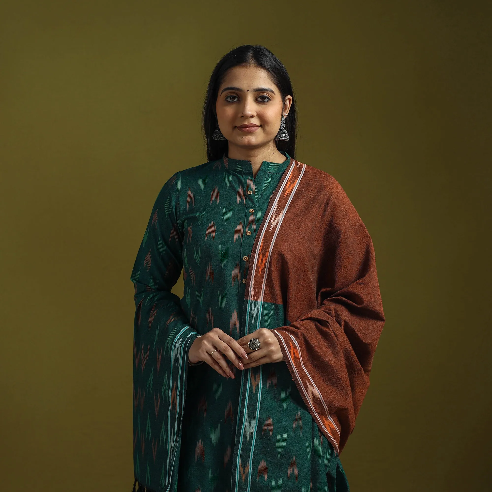 Green - Handloom Cotton Pochampally Ikat 3pc Kurta Set for women 10 sold by Itokri product image thumbnail 4