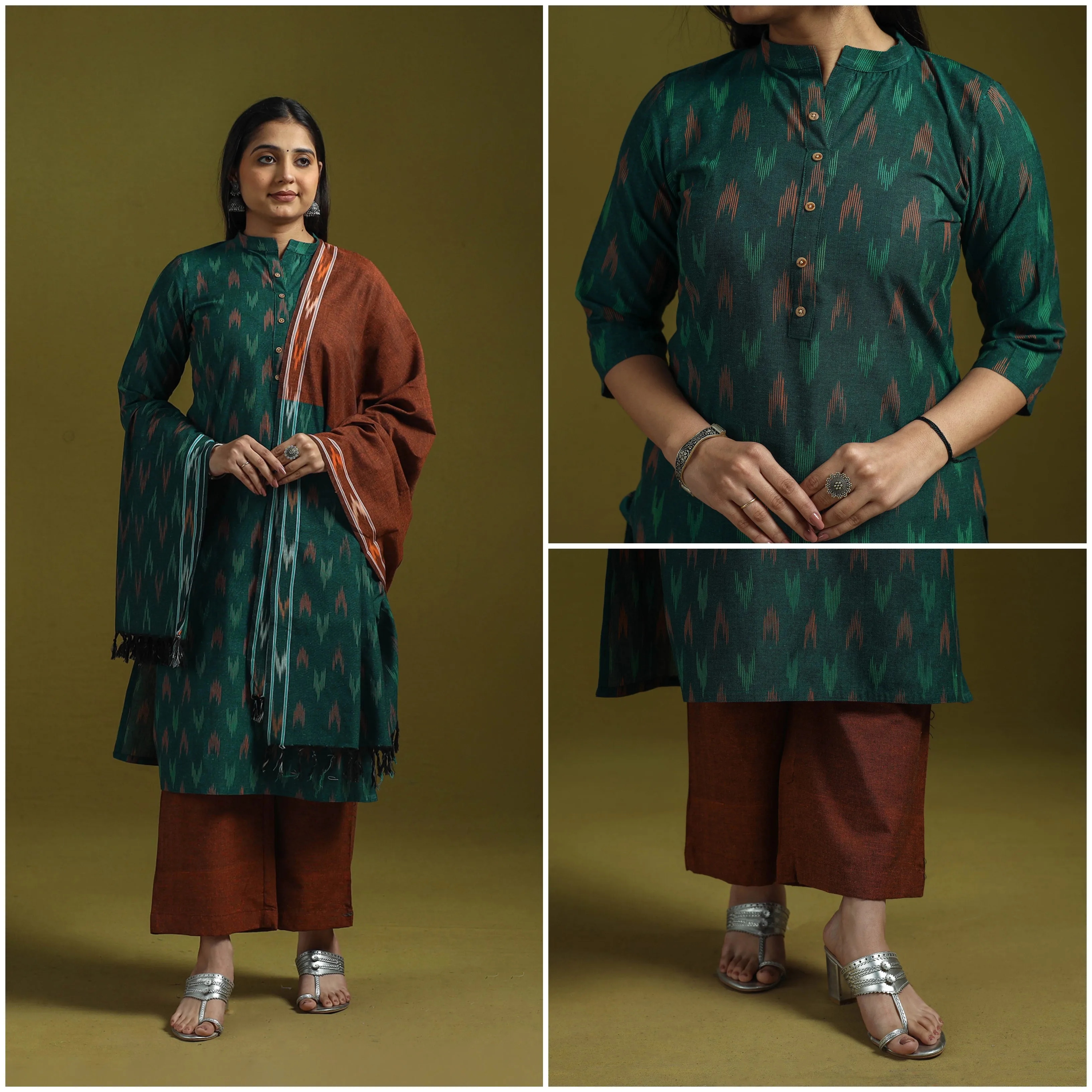 Green - Handloom Cotton Pochampally Ikat 3pc Kurta Set for women 10 sold by Itokri product image thumbnail 3