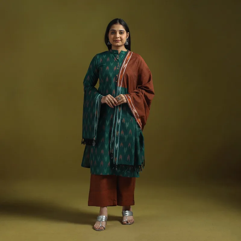 Green - Handloom Cotton Pochampally Ikat 3pc Kurta Set for women 10 made by Itokri