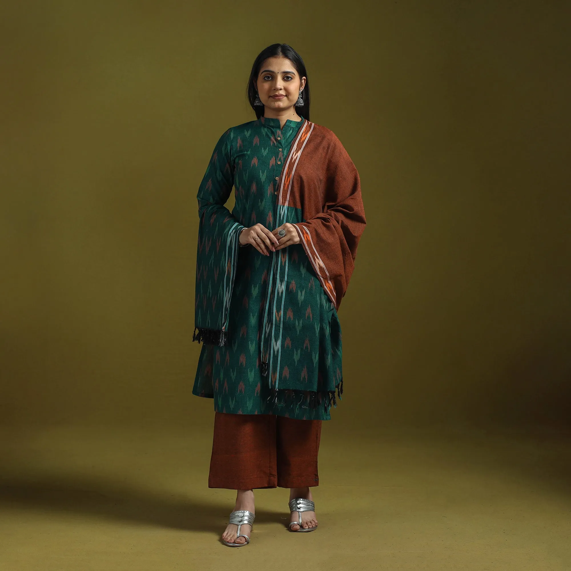 Green - Handloom Cotton Pochampally Ikat 3pc Kurta Set for women 10 sold by Itokri