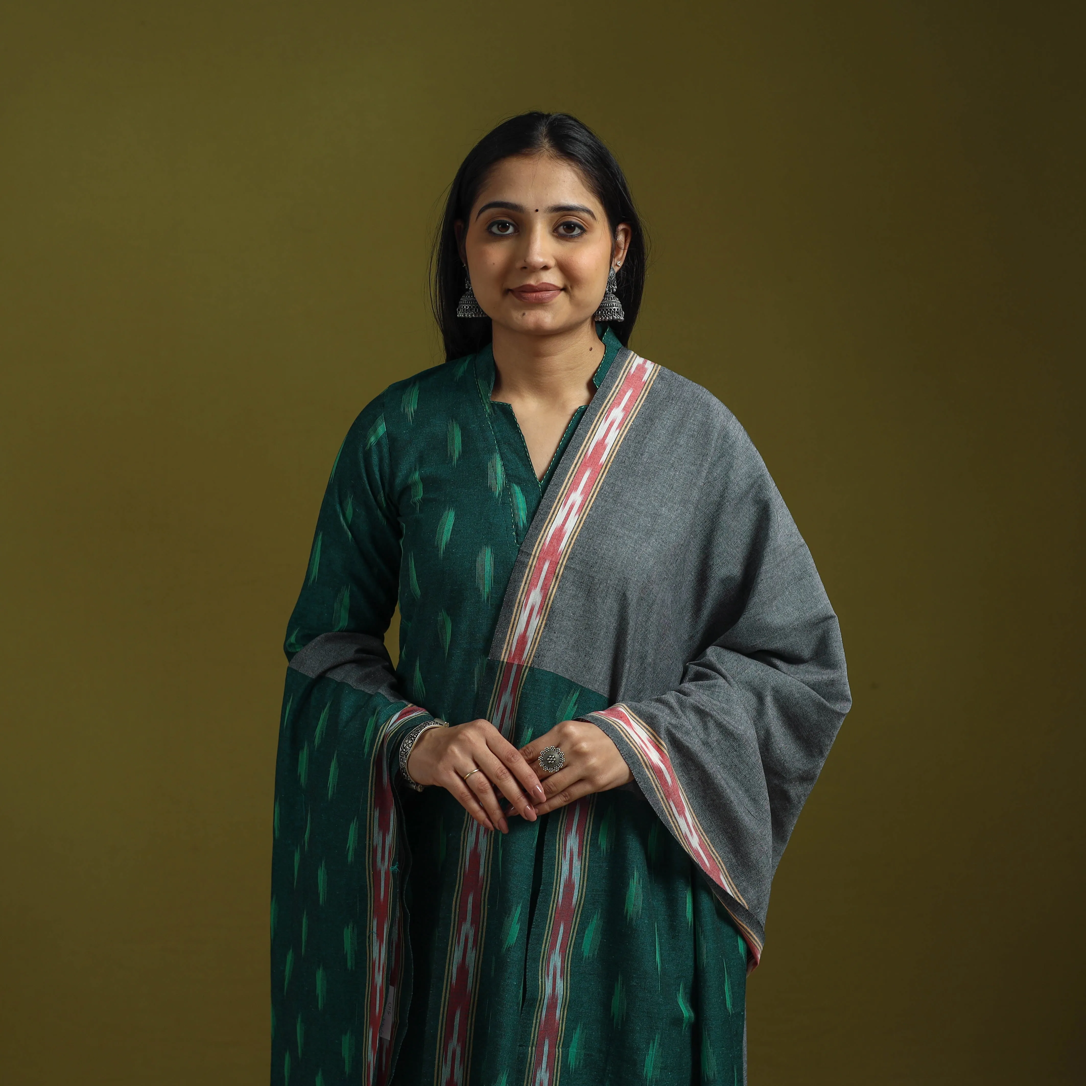 Green - Handloom Cotton Pochampally Ikat 3pc Kurta Set for women 20 sold by Itokri product image thumbnail 4