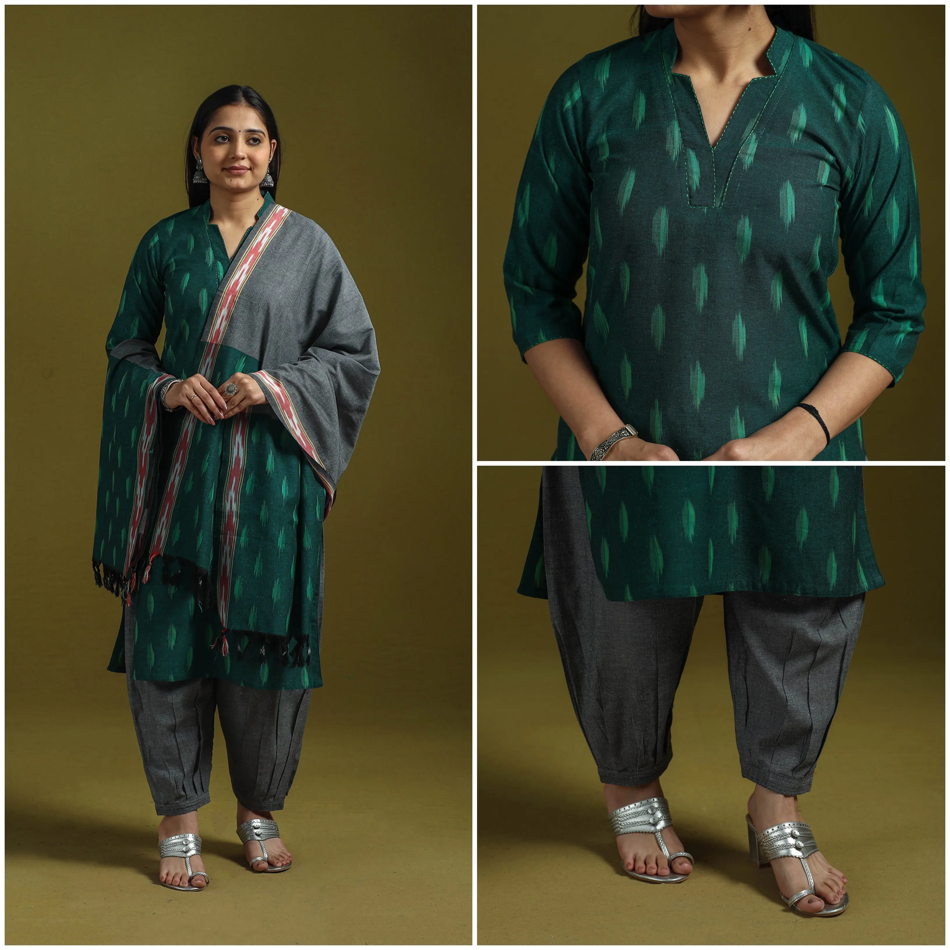 Green - Handloom Cotton Pochampally Ikat 3pc Kurta Set for women 20 sold by Itokri product image thumbnail 3