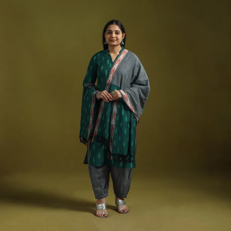 Green - Handloom Cotton Pochampally Ikat 3pc Kurta Set for women 20 made by Itokri
