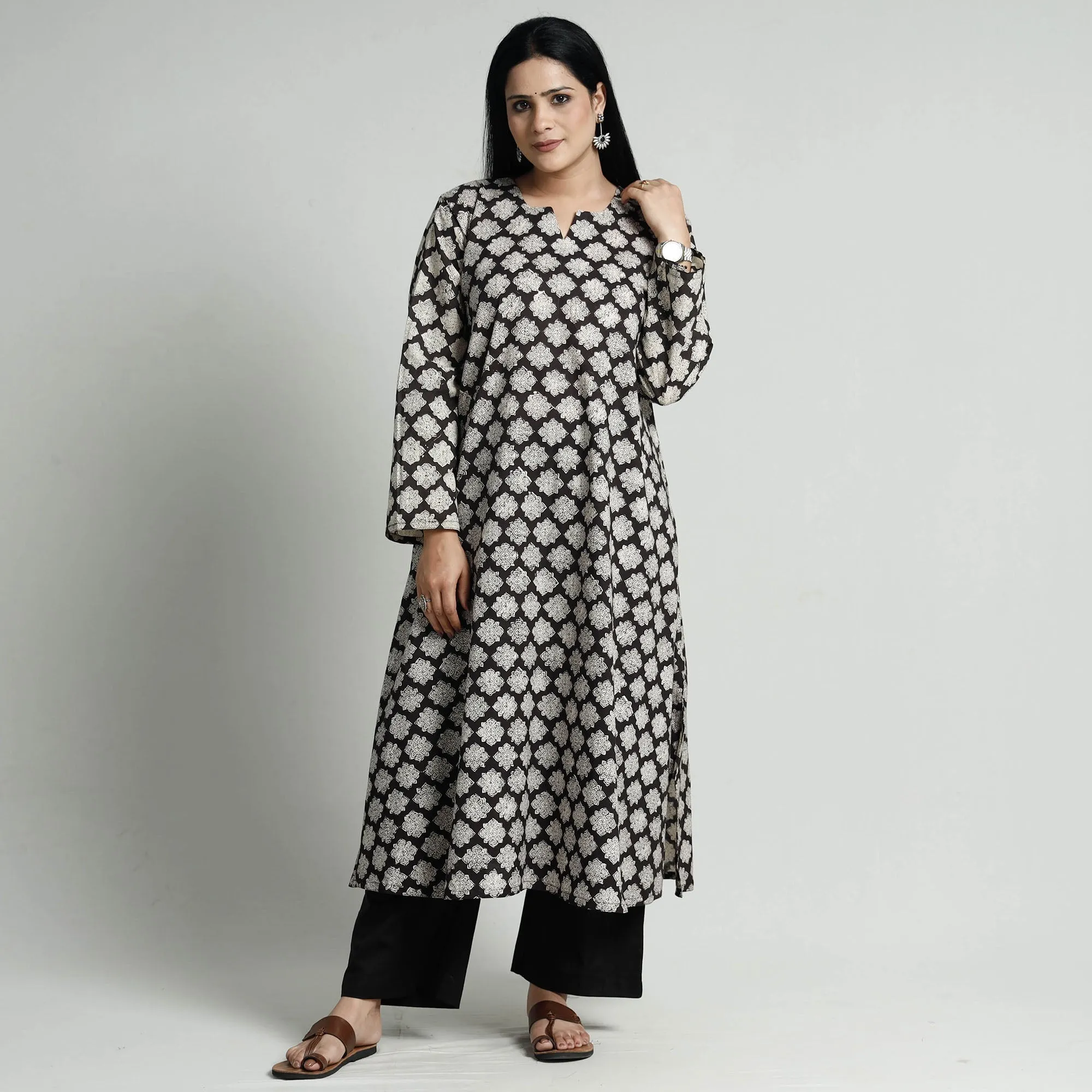 Black - Bagru Block Printed Cotton Kurta with Palazzo Set sold by Itokri product image thumbnail 3