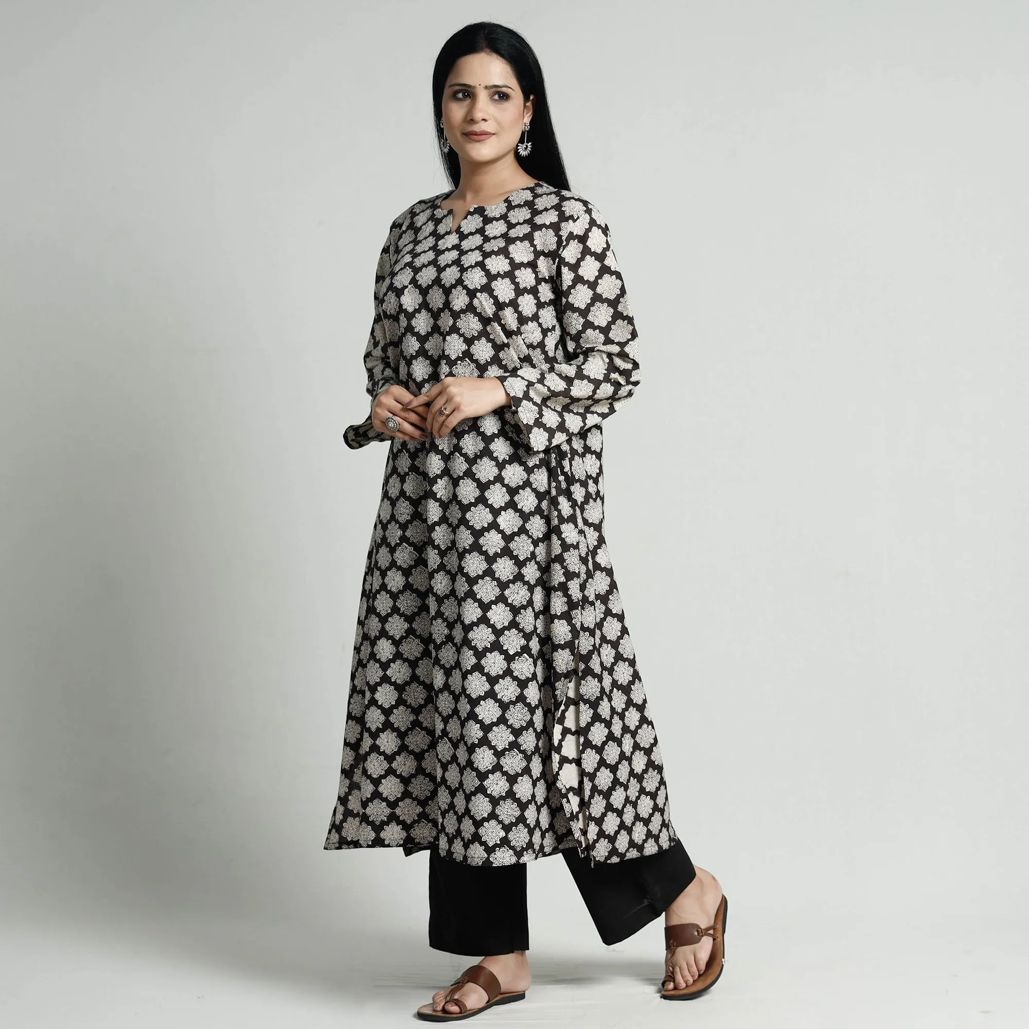 Black - Bagru Block Printed Cotton Kurta with Palazzo Set sold by Itokri