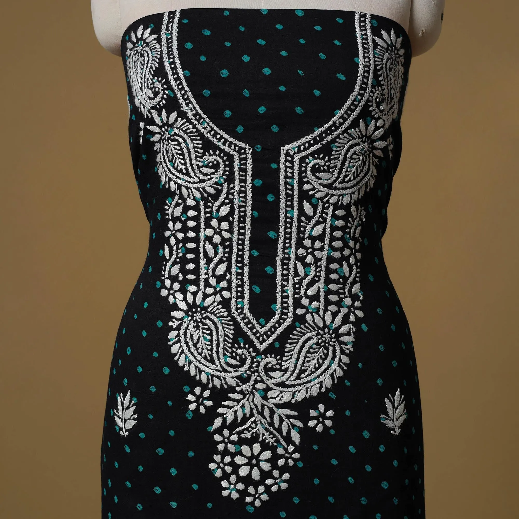 Blue - Lucknowi Chikankari Hand Work Bandhani Unstitched Kurta Material (2.6M) 16 sold by Itokri product image thumbnail 3
