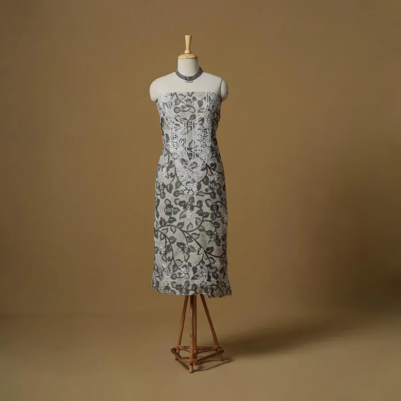 Grey - Lucknowi Chikankari Hand Work Kalamkari Unstitched Kurta Material (2.5M) 29 made by Itokri