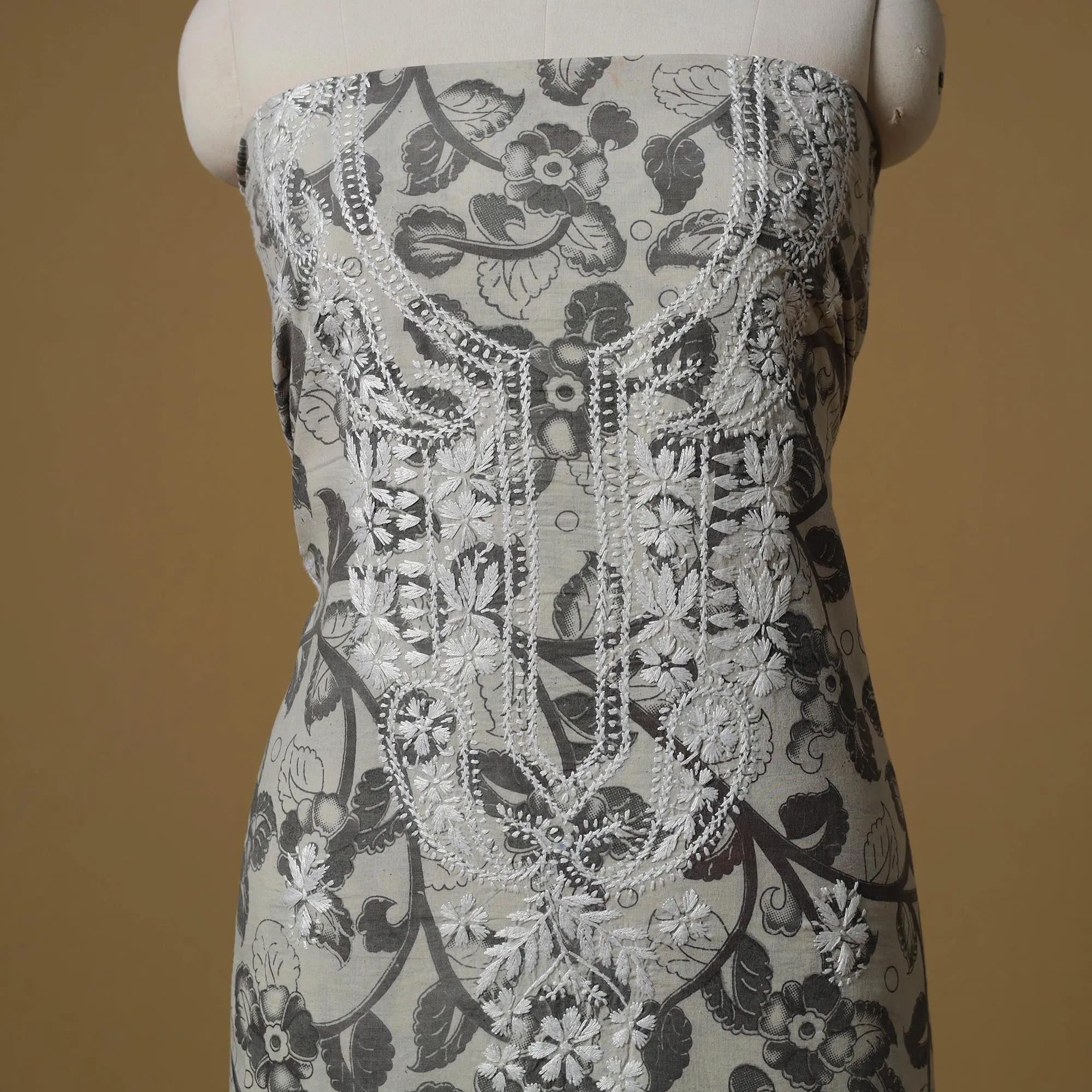 Grey - Lucknowi Chikankari Hand Work Kalamkari Unstitched Kurta Material (2.5M) 29 sold by Itokri product image thumbnail 3