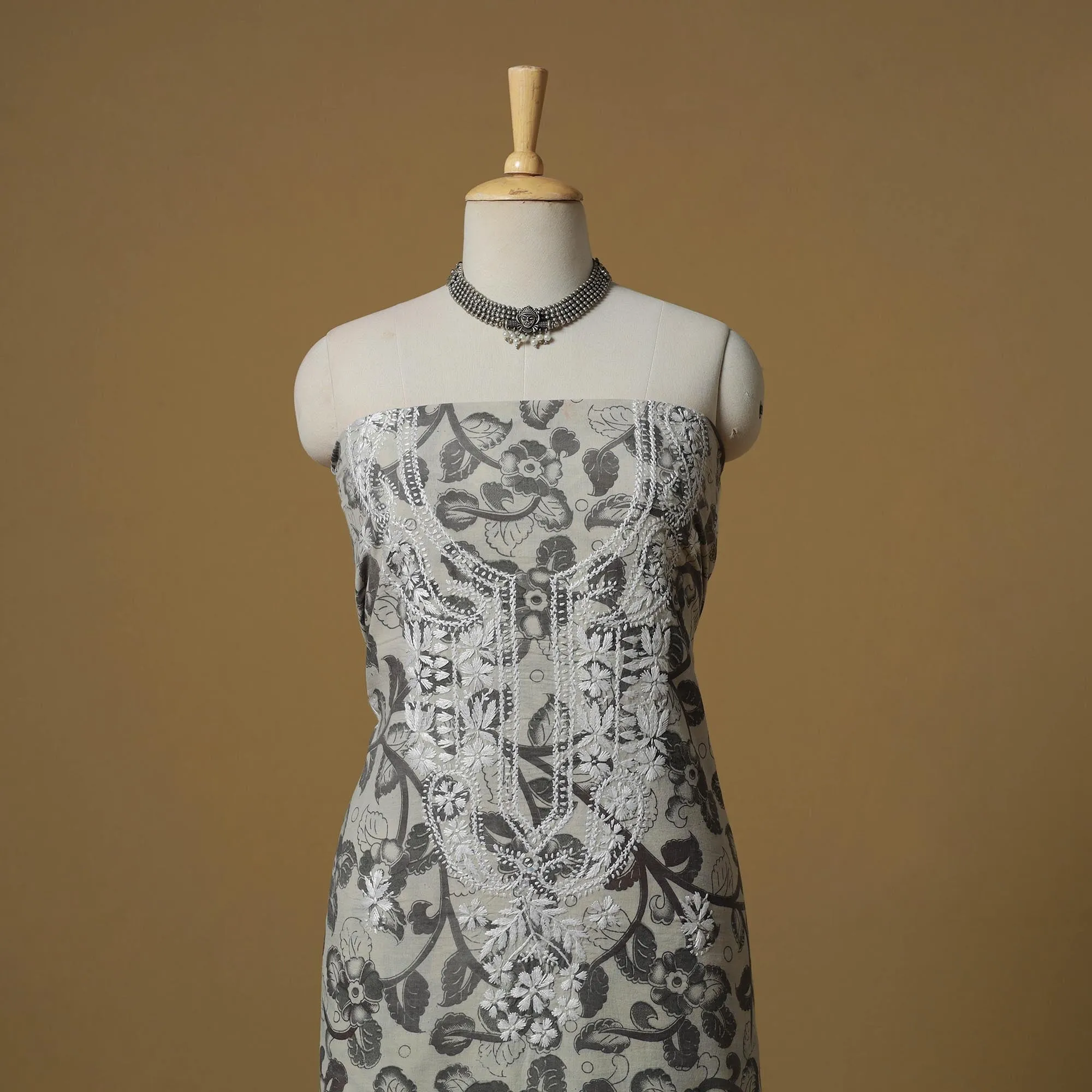 Grey - Lucknowi Chikankari Hand Work Kalamkari Unstitched Kurta Material (2.5M) 29 sold by Itokri product image thumbnail 2