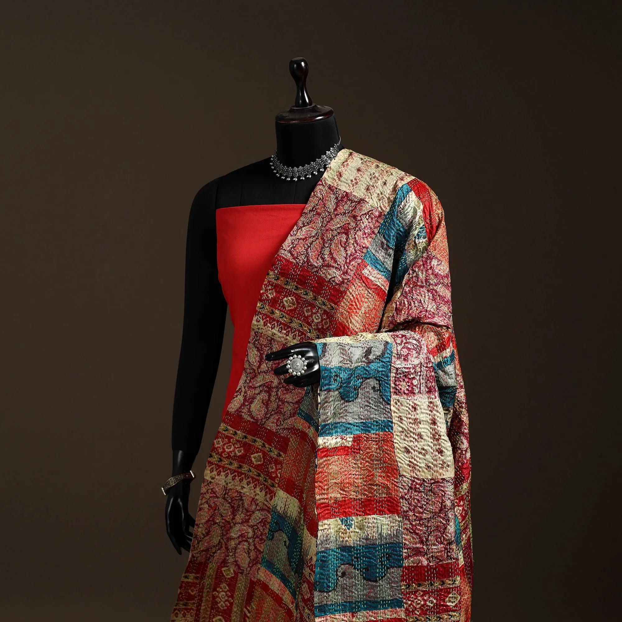 Multicolor - Bengal Hand Embroidery Patchwork Reversible Silk Kantha Dupatta 90 sold by Itokri product image thumbnail 2