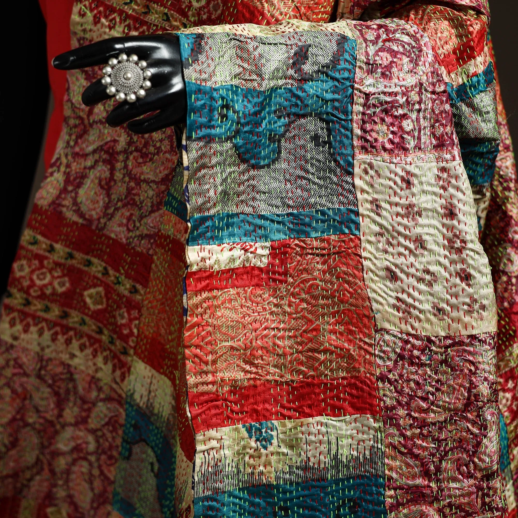 Multicolor - Bengal Hand Embroidery Patchwork Reversible Silk Kantha Dupatta 90 sold by Itokri product image thumbnail 3