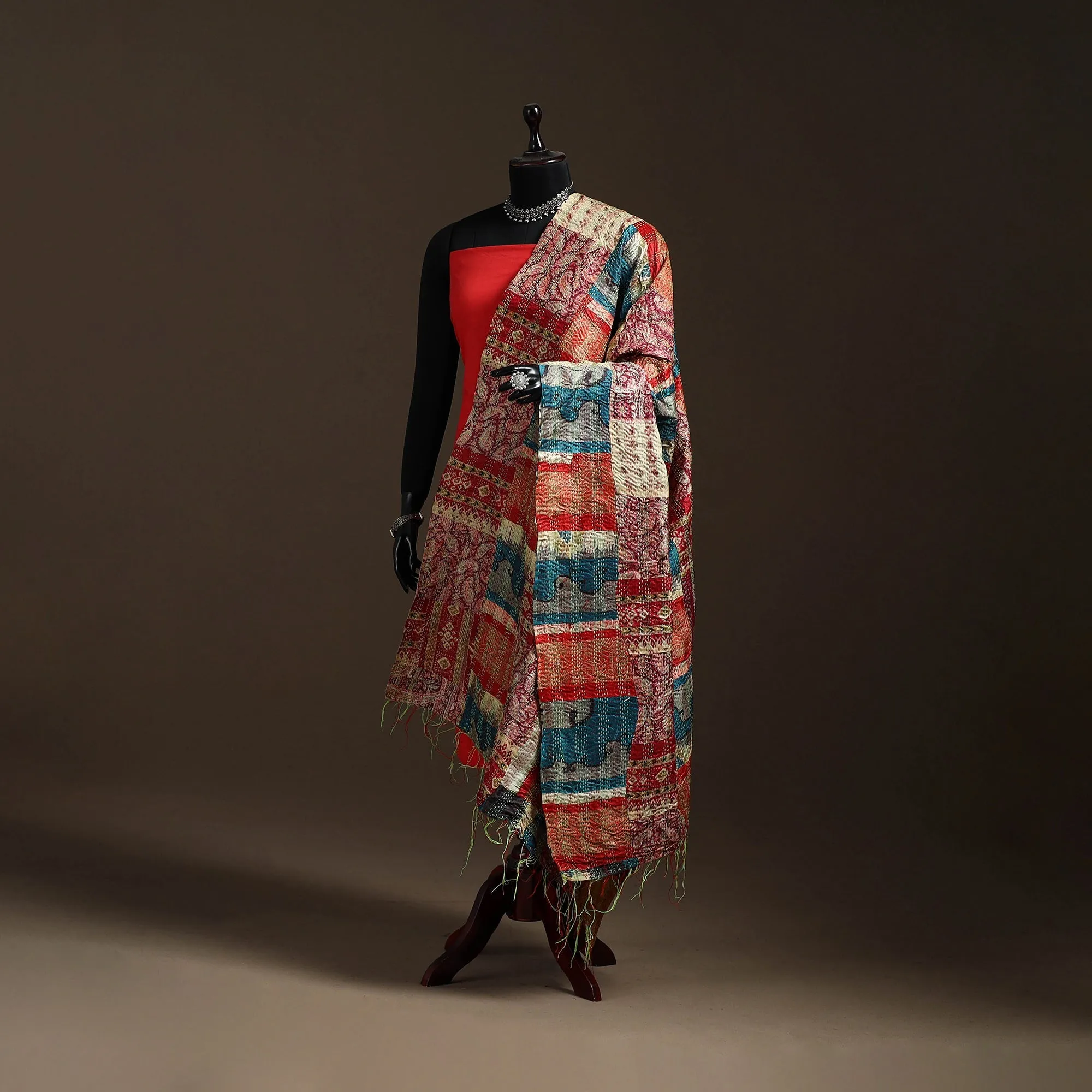 Multicolor - Bengal Hand Embroidery Patchwork Reversible Silk Kantha Dupatta 90 sold by Itokri