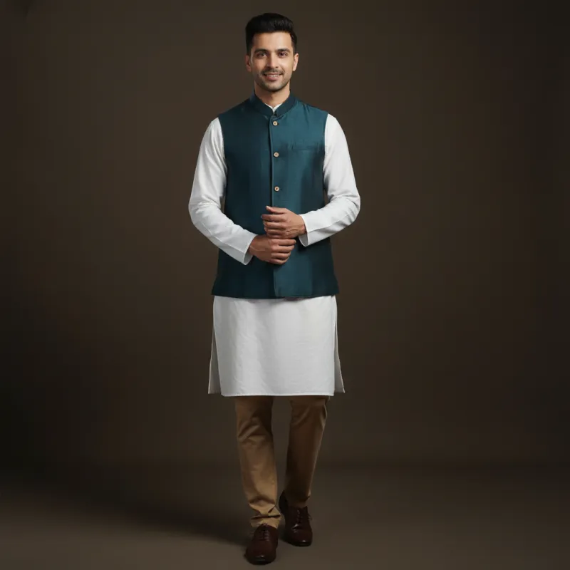 Green - Slub Silk Men Plain Nehru Jacket 14 sold by Itokri