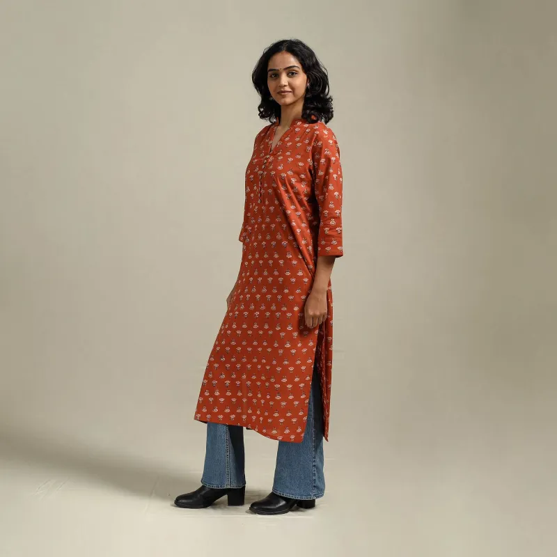 Red - Hand Block Print Cotton Straight Sanganeri Kurta for women 12 made by Itokri