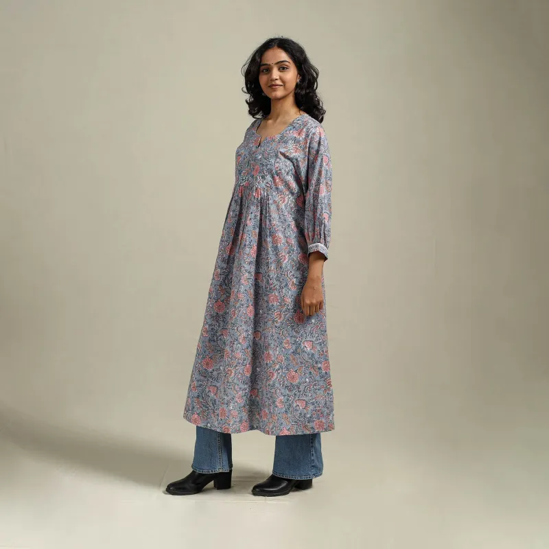 Blue - Hand Block Print Cotton A-Line Sanganeri Kurta for women 07 sold by Itokri