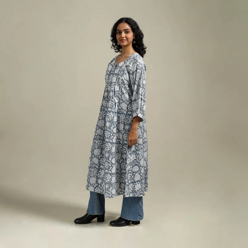 Grey - Hand Block Print Cotton A-Line Sanganeri Kurta for women 06 made by Itokri