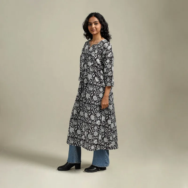 Black - Hand Block Print Cotton A-Line Sanganeri Kurta for women 02 made by Itokri