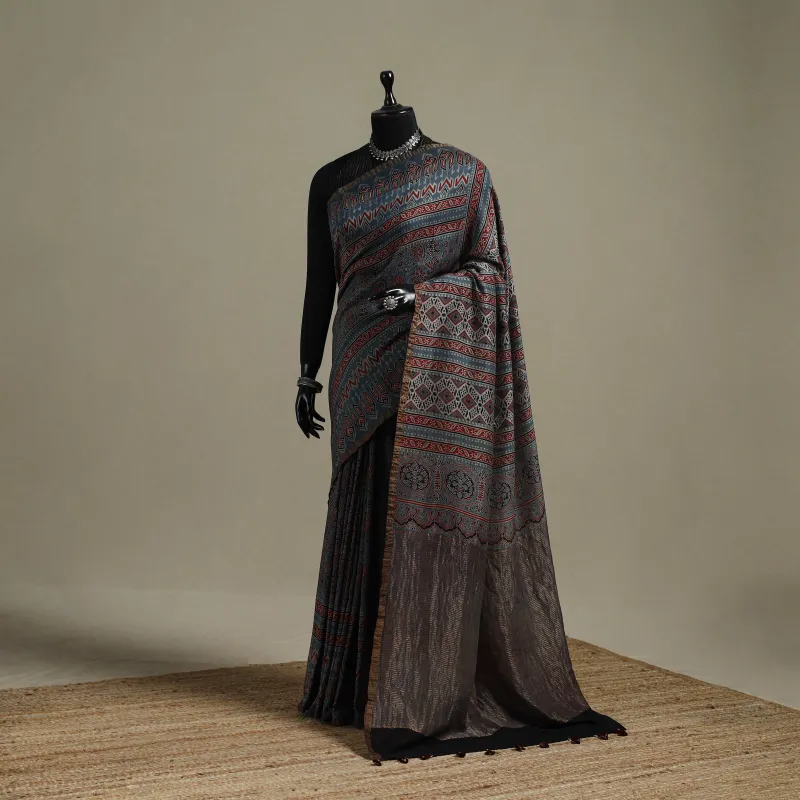 Blue - Natural Dyed Hand Block Print Dola Silk Ajrakh Saree with Tassels 06 sold by Itokri