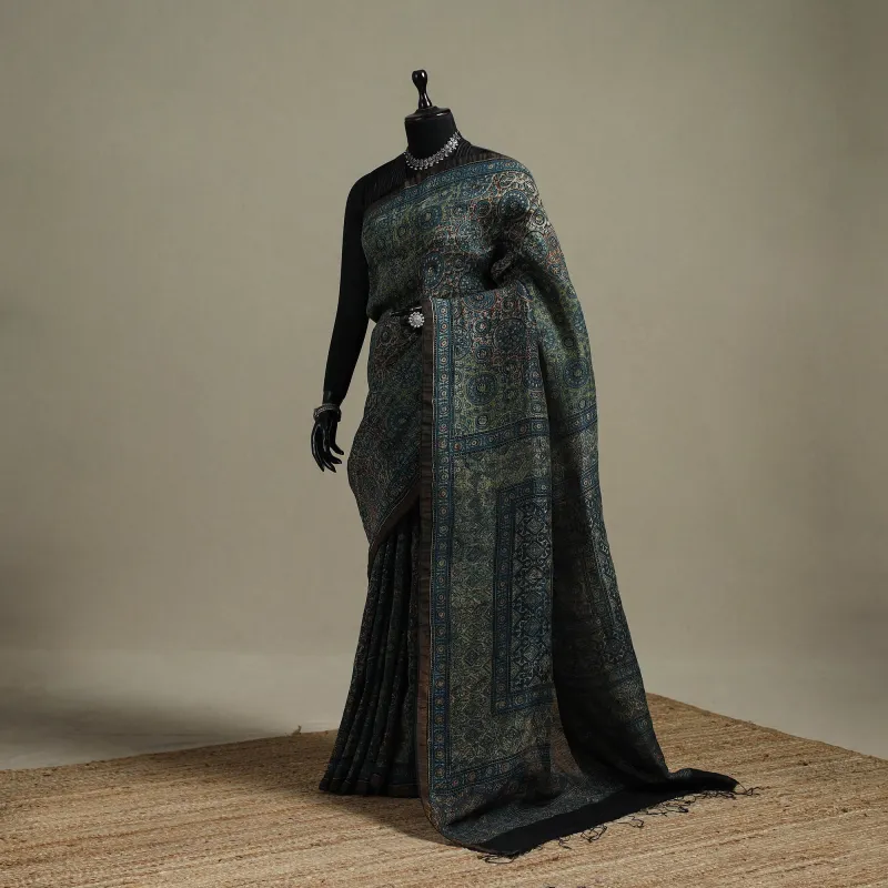 Blue - Natural Dyed Hand Block Print Chanderi Silk Ajrakh Saree with Tassels 07 sold by Itokri