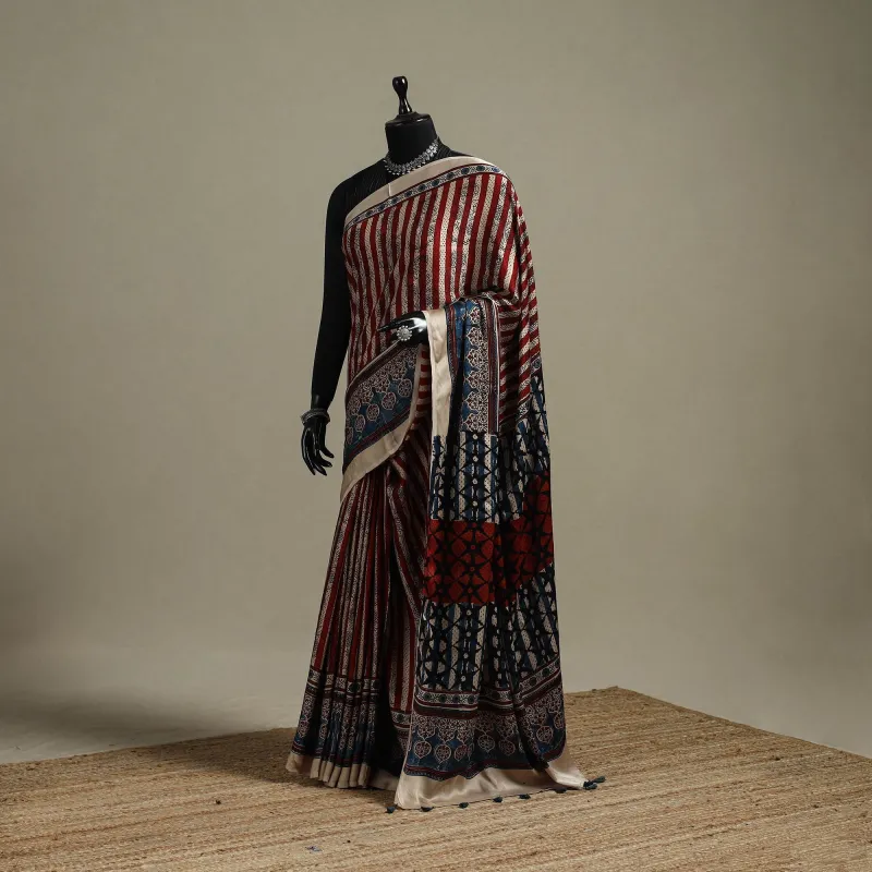 Multicolor - Natural Dyed Hand Block Print Modal Silk Ajrakh Saree with Tassels 18 sold by Itokri