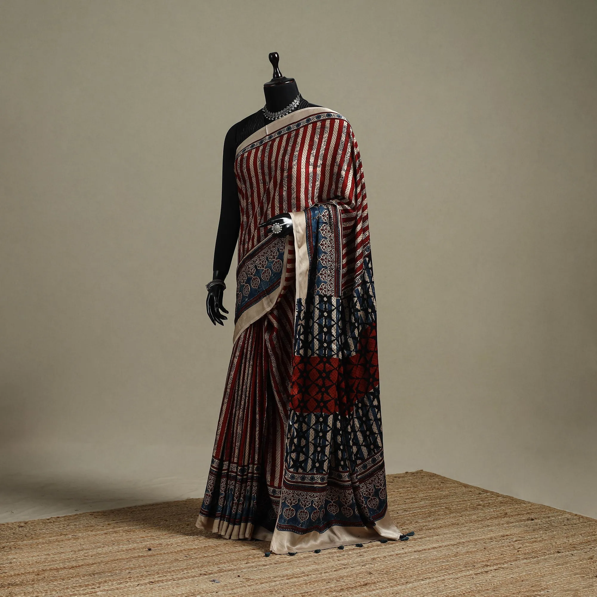 Multicolor - Natural Dyed Hand Block Print Modal Silk Ajrakh Saree with Tassels 18 sold by Itokri