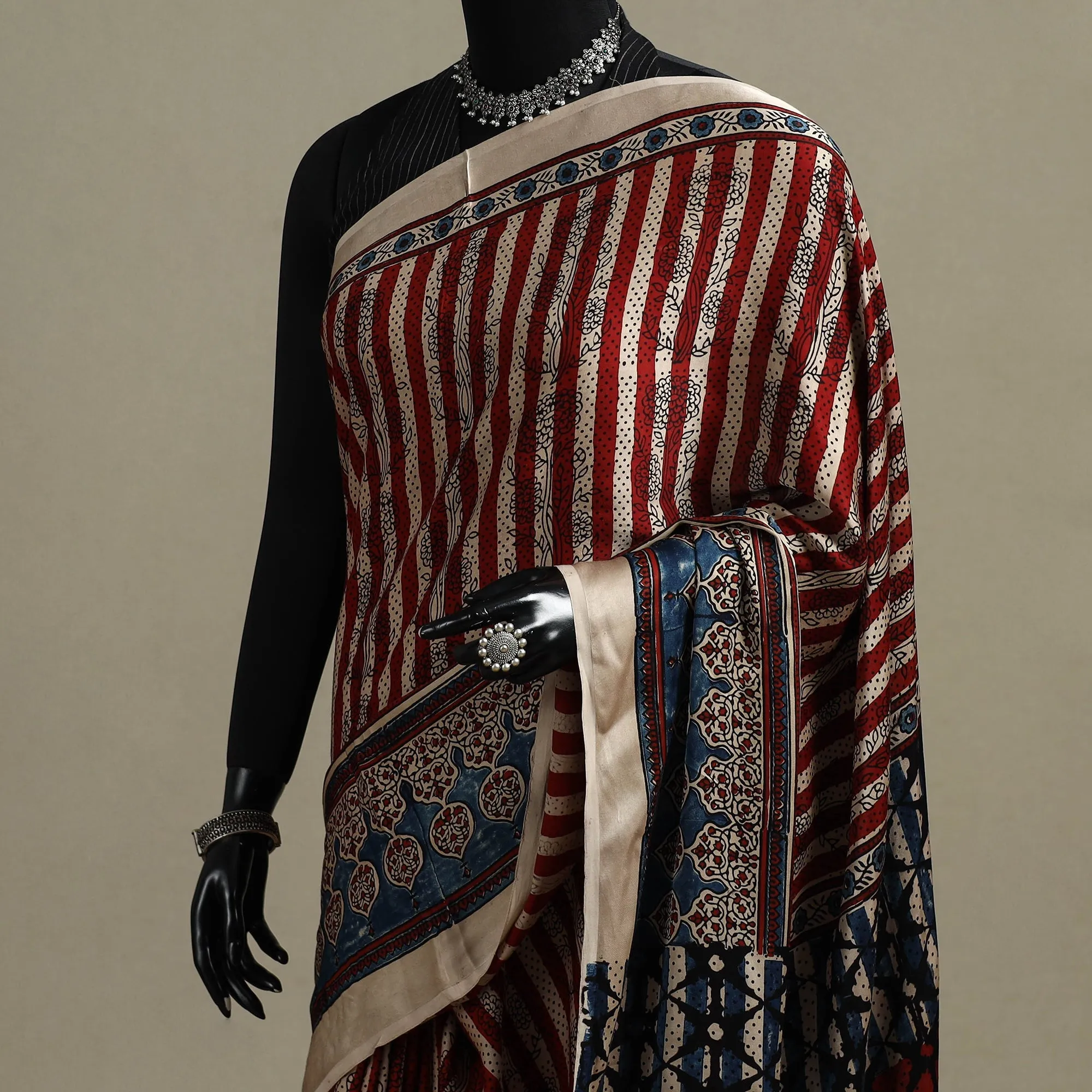 Multicolor - Natural Dyed Hand Block Print Modal Silk Ajrakh Saree with Tassels 18 sold by Itokri product image thumbnail 2