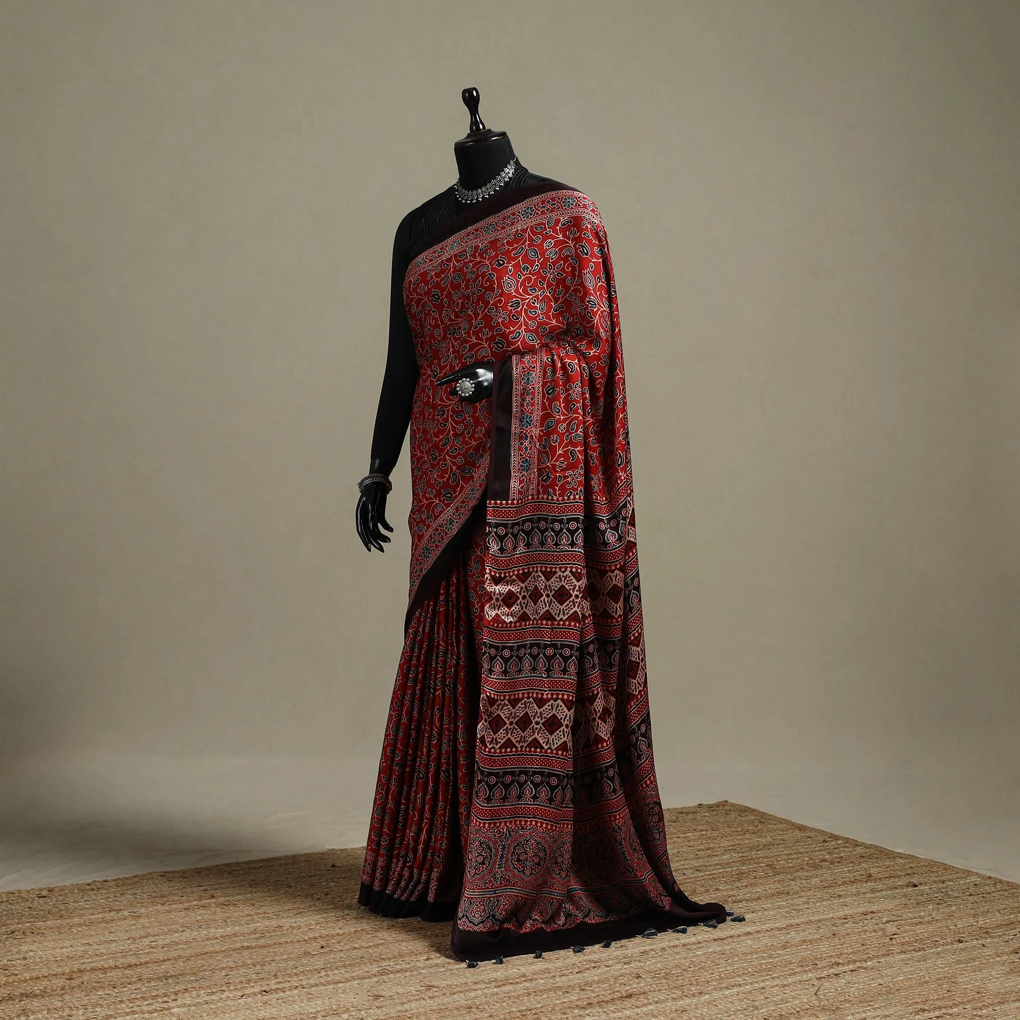 Red - Natural Dyed Hand Block Print Modal Silk Ajrakh Saree with Tassels 17 sold by Itokri