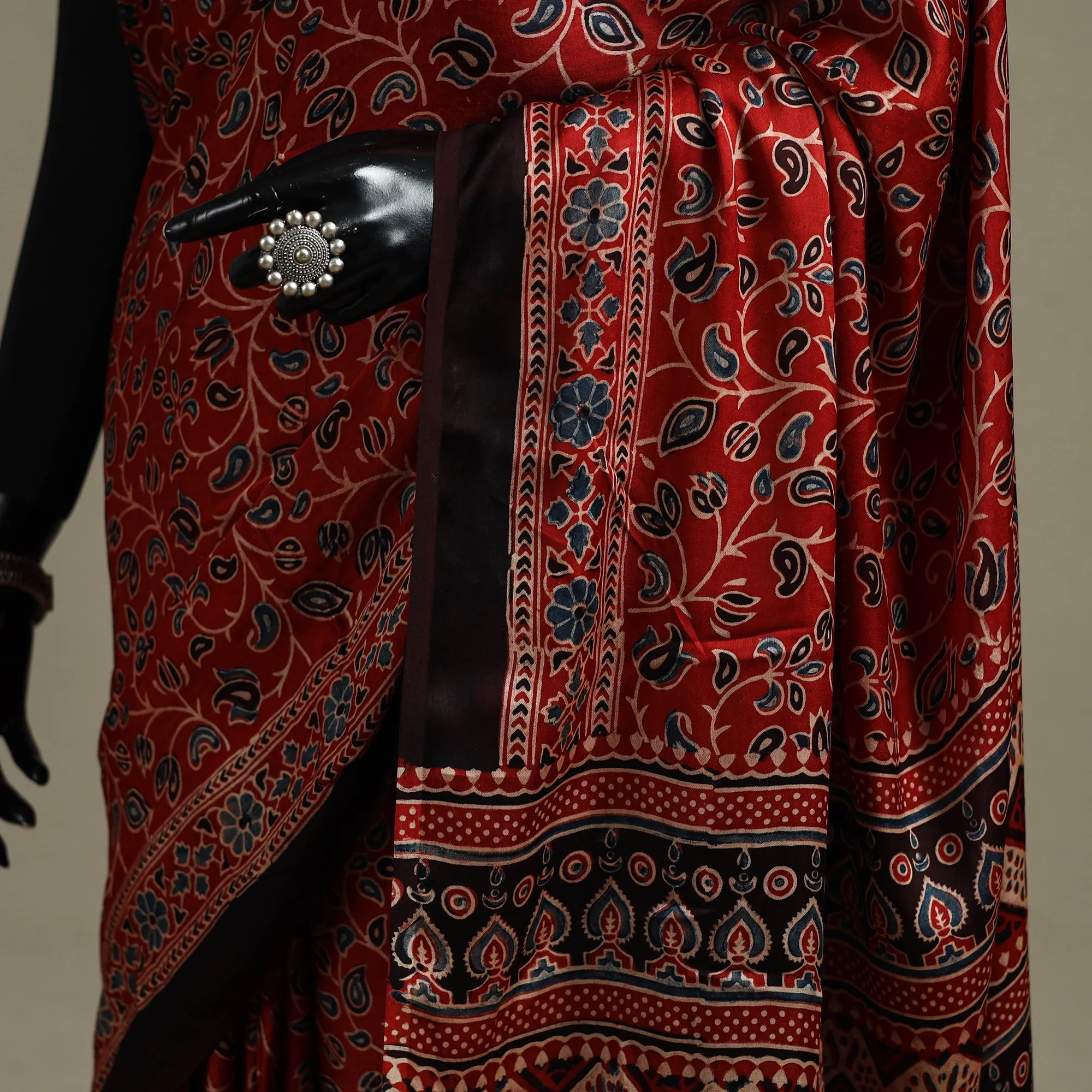 Red - Natural Dyed Hand Block Print Modal Silk Ajrakh Saree with Tassels 17 sold by Itokri product image thumbnail 4
