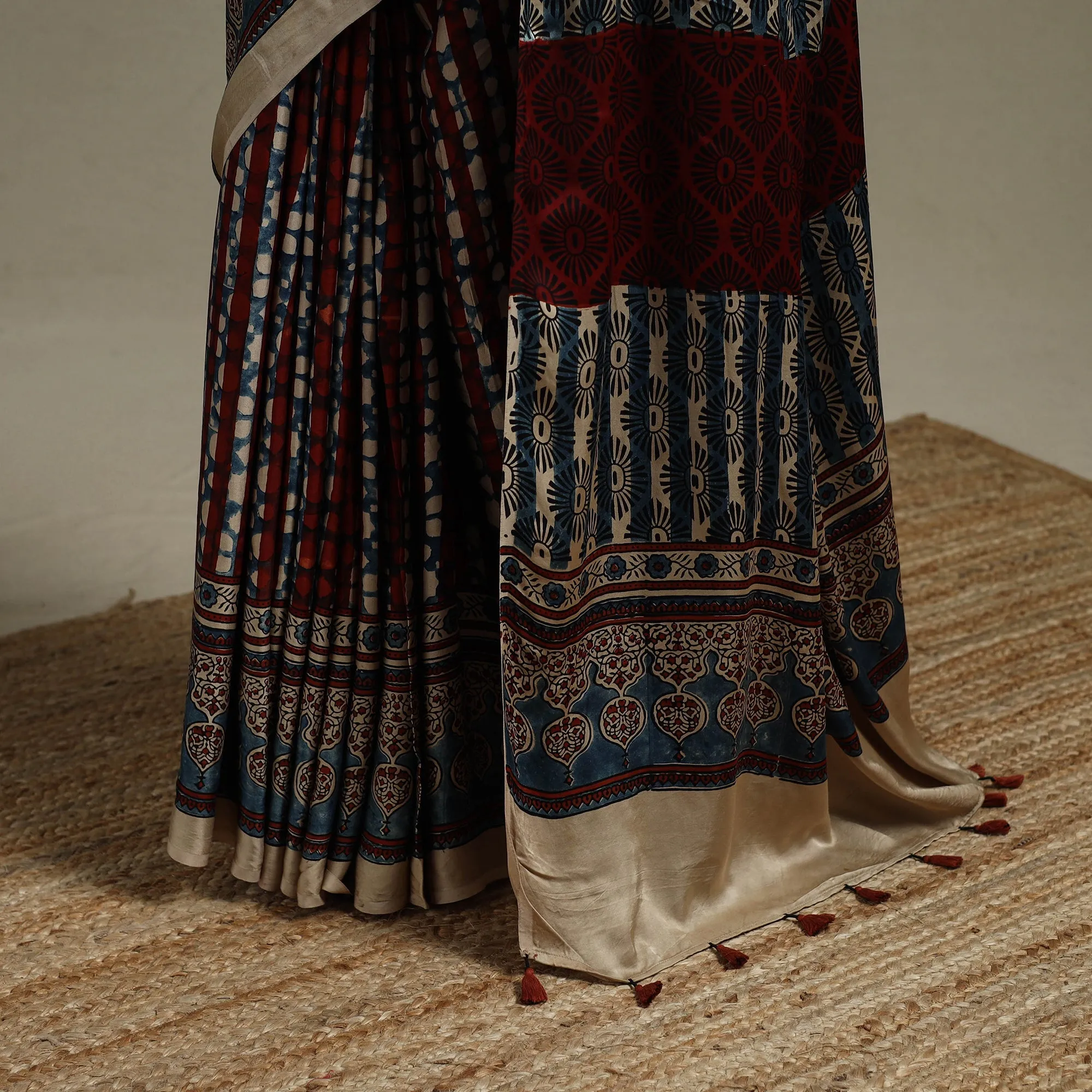Multicolor - Natural Dyed Hand Block Print Modal Silk Ajrakh Saree with Tassels 15 sold by Itokri product image thumbnail 4