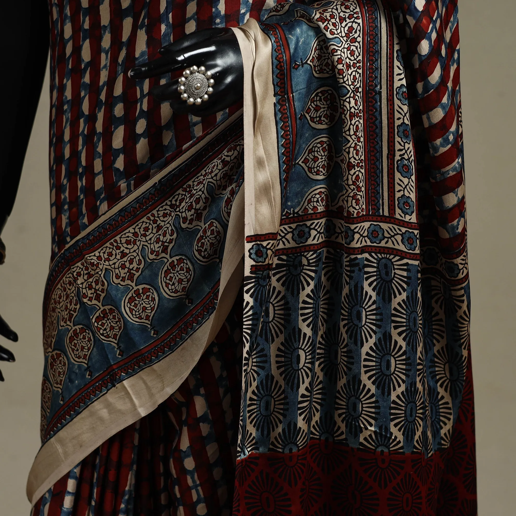 Multicolor - Natural Dyed Hand Block Print Modal Silk Ajrakh Saree with Tassels 15 sold by Itokri product image thumbnail 3